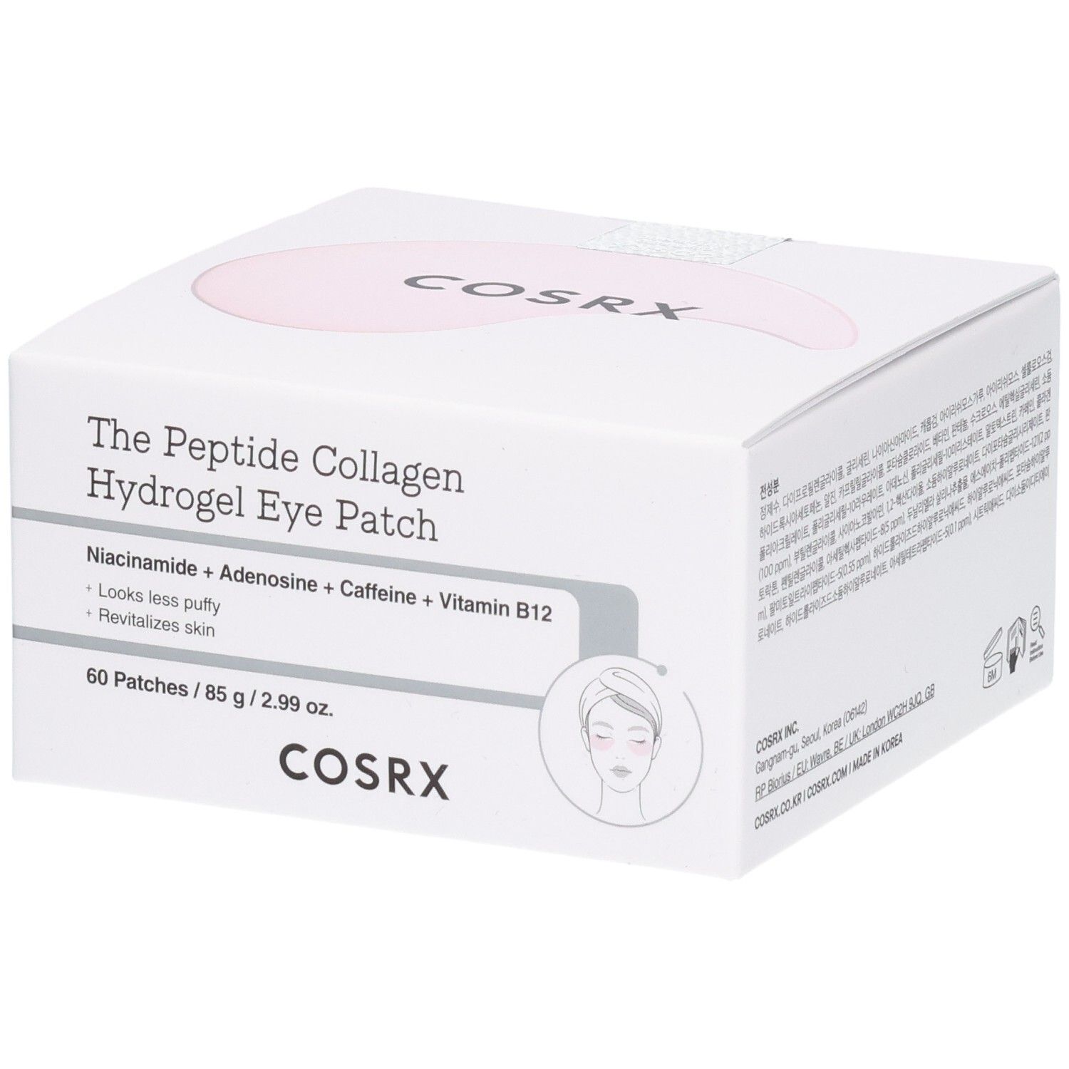 COSRX Eye Patches: Boîte blanche avec symbole de patch oculaire rose. Contient 60 patchs.