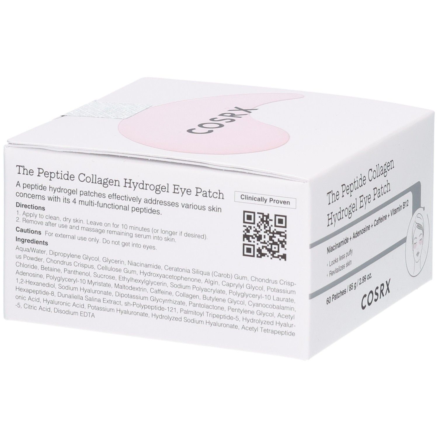 COSRX Eye Patches: Arrière de la boîte avec instructions d'application et code QR.