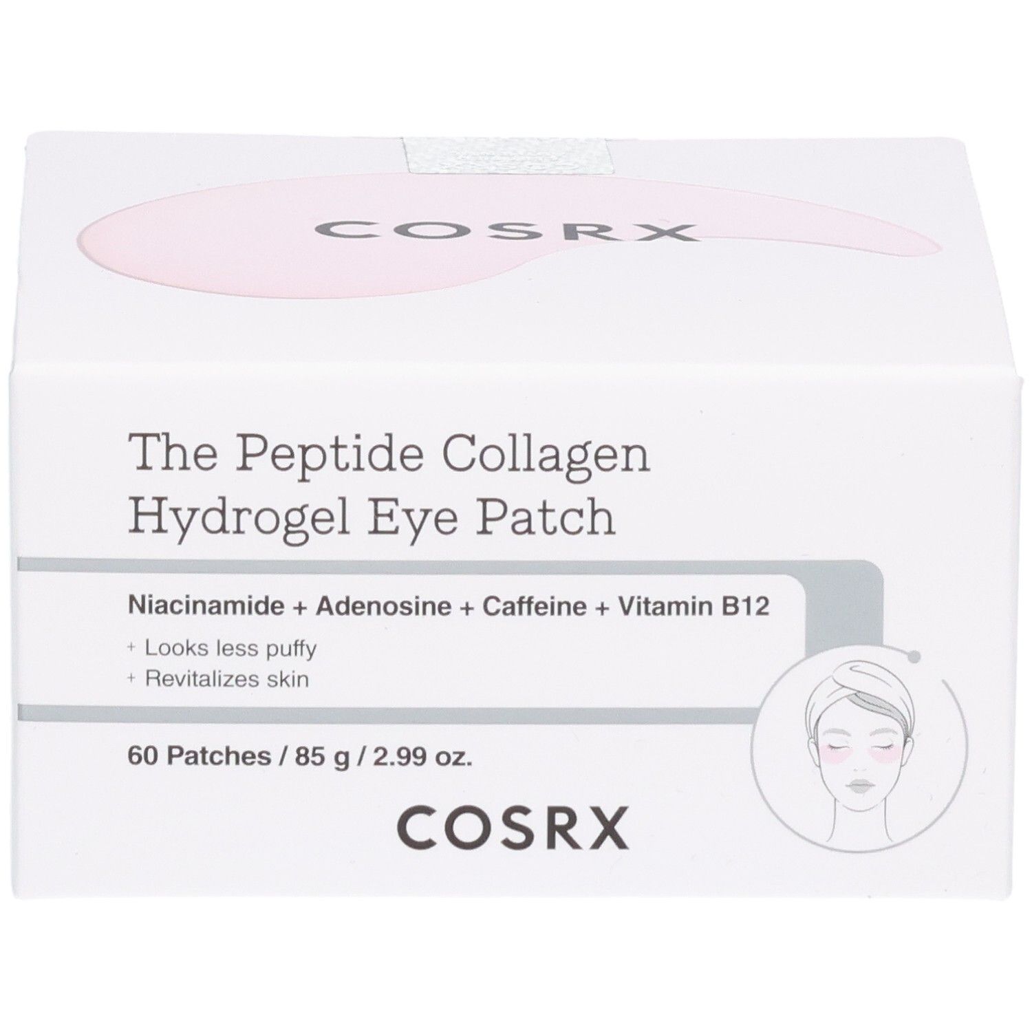 COSRX Eye Patches: Façade de la boîte avec nom du produit et avantages.