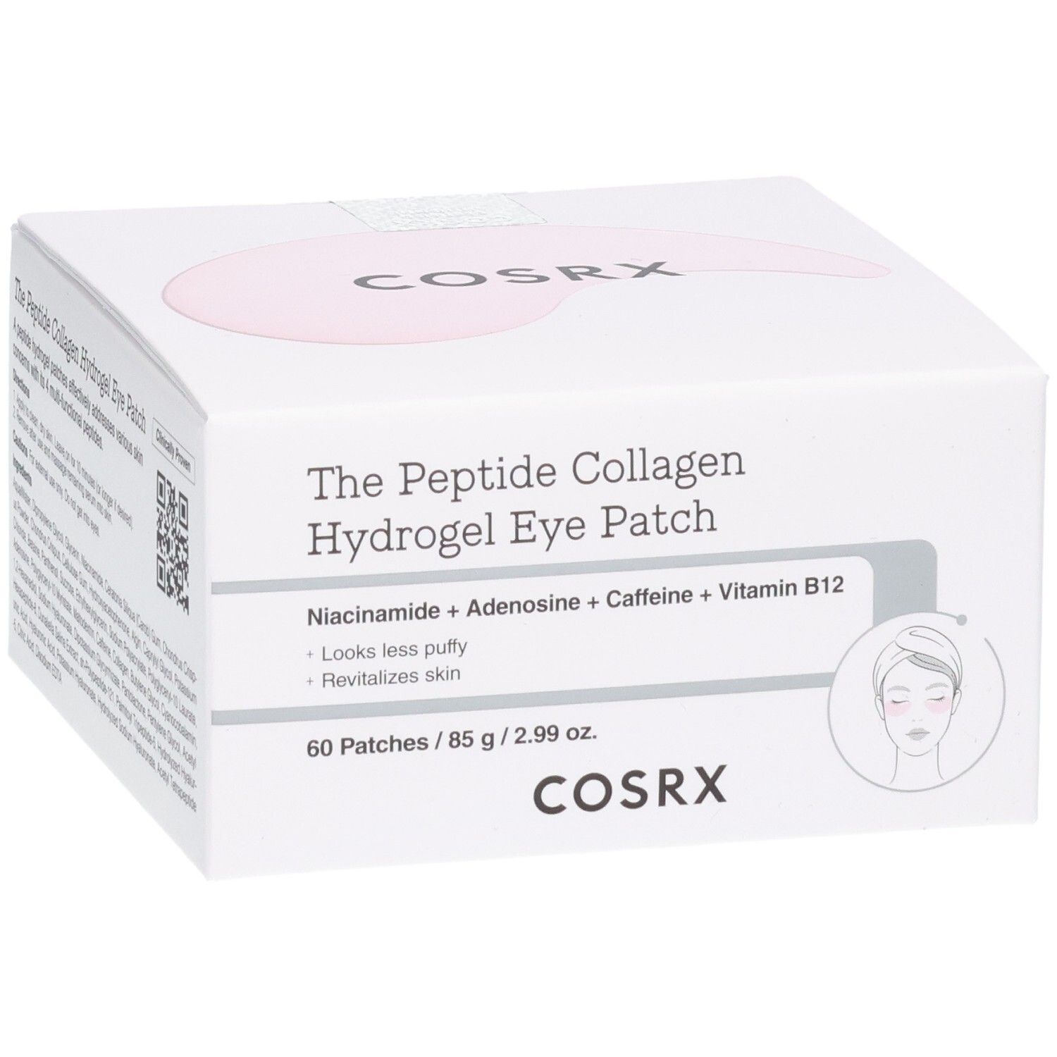 COSRX Eye Patches: Vue en perspective de la boîte avec nom du produit et symbole de patch oculaire rose.