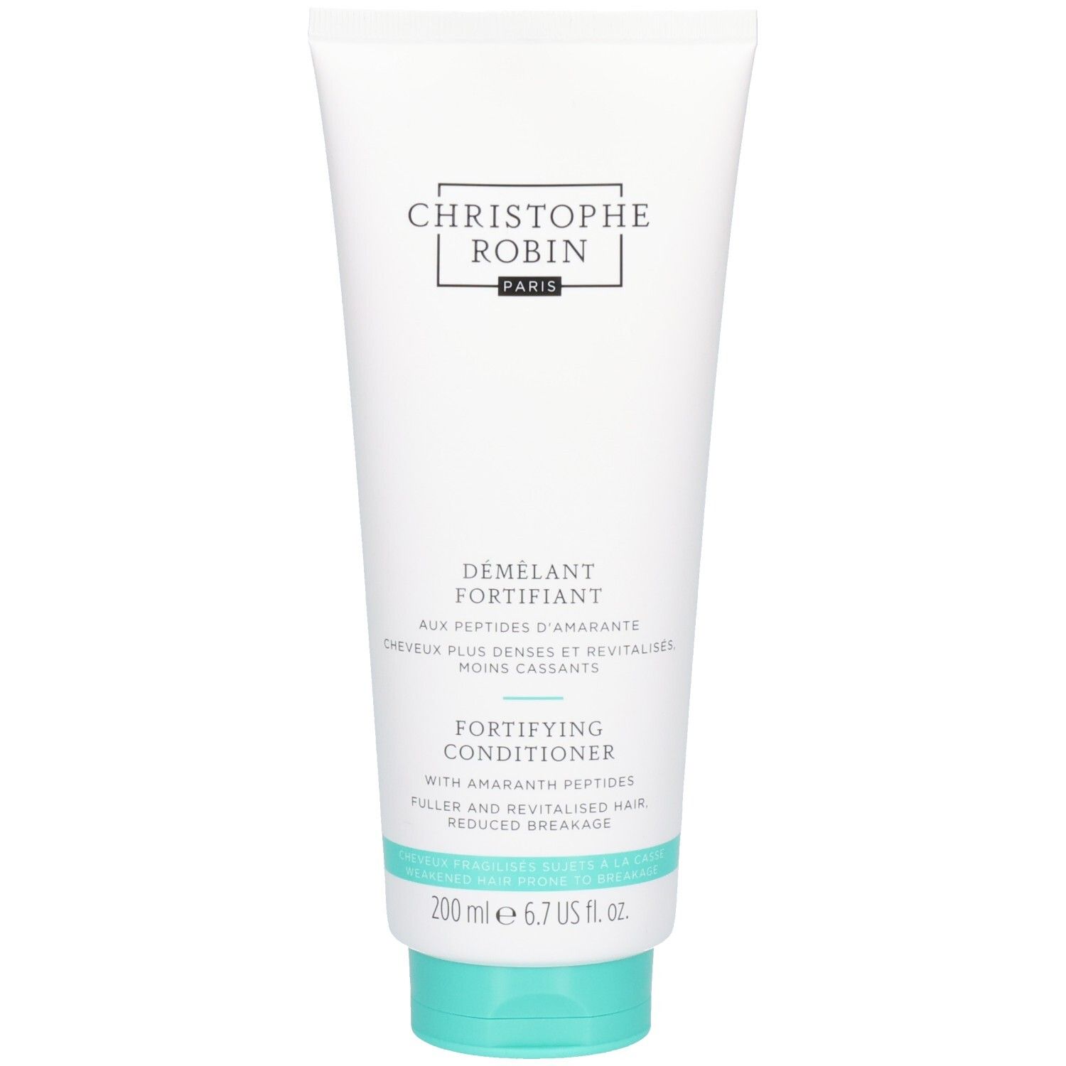 Witte tube met turquoise dop. Opschrift: Christophe Robin, Fortifying Conditioner. 200 ml.