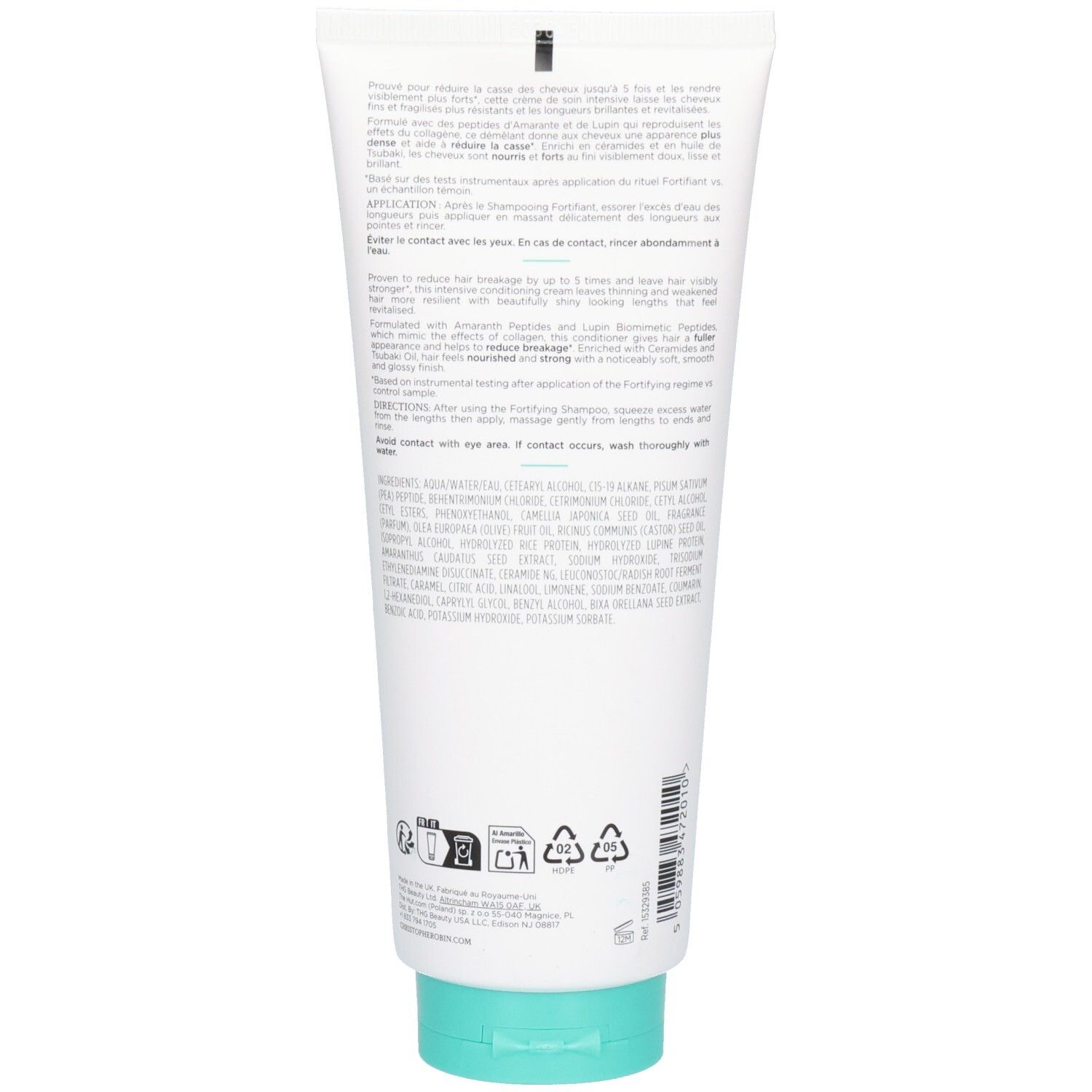 Achterkant van de witte tube met turquoise dop. Tekst in meerdere talen. Recyclingsymbolen.