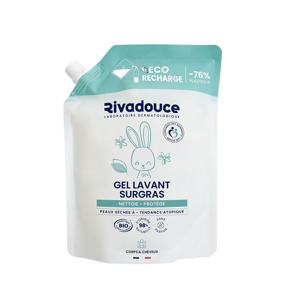 Witte zak met blauwe dop. Opdruk: logo, konijn, tekst "GEL LAVANT SURGRAS", Bio-certificering. "-76% Plastique".