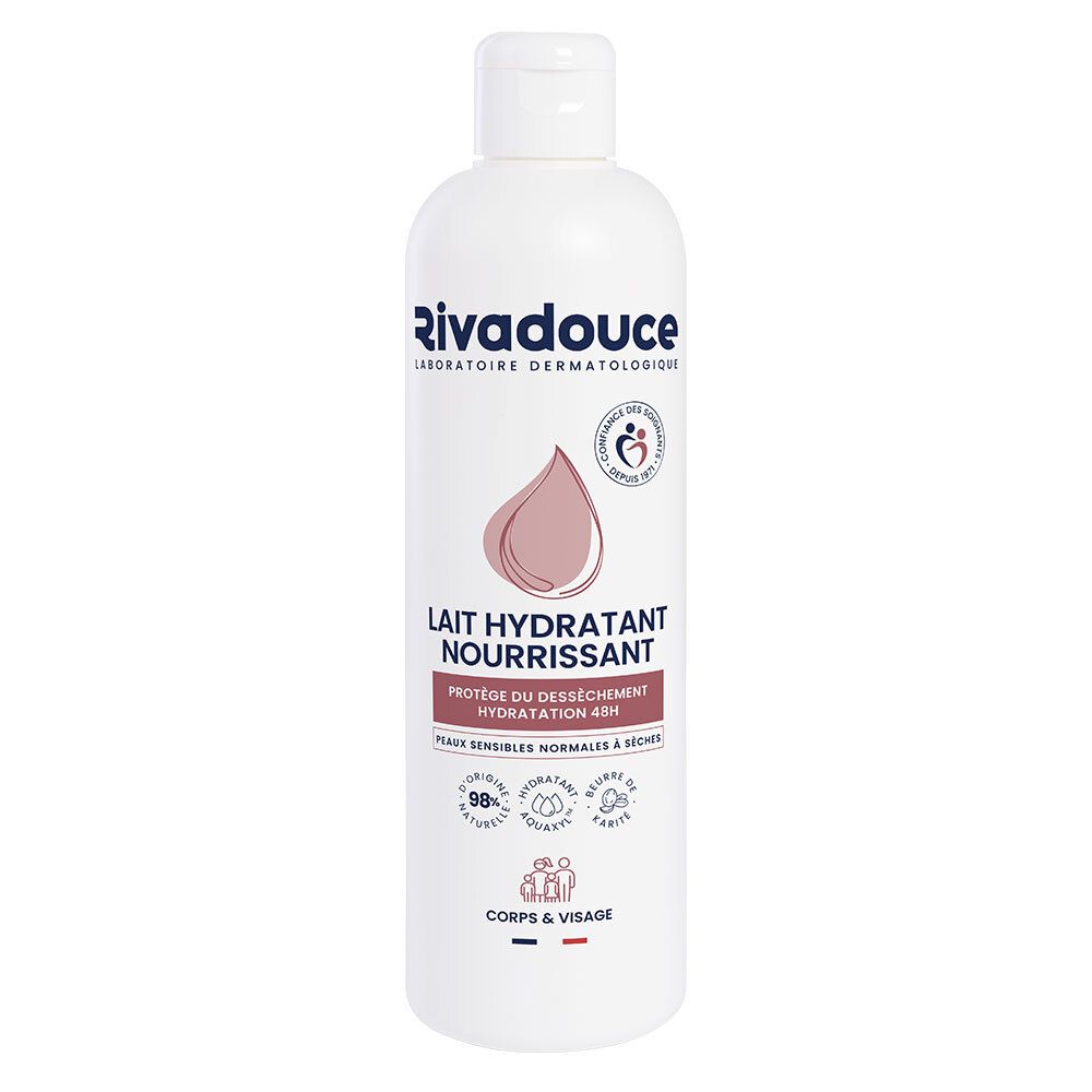 Witte fles met roze etiket. Opschrift: Rivadouce, Lait Hydratant Nourrissant. Voor lichaam en gezicht. 98% natuurlijke ingrediënten.