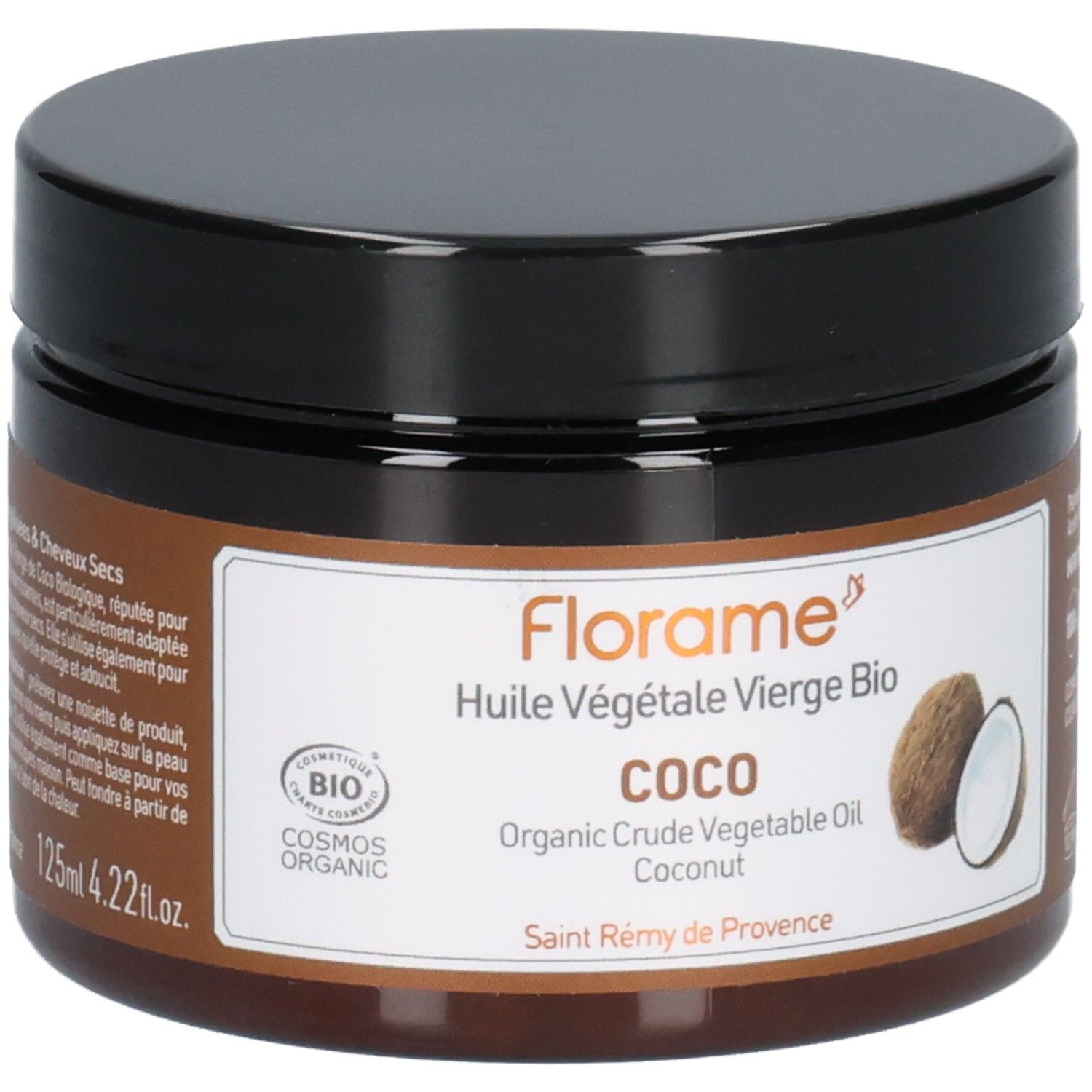 Pot brun avec couvercle noir. Inscription: Florame Coco, Huile Végétale Vierge Bio, Organic Crude Vegetable Oil, Cosmos Organic.