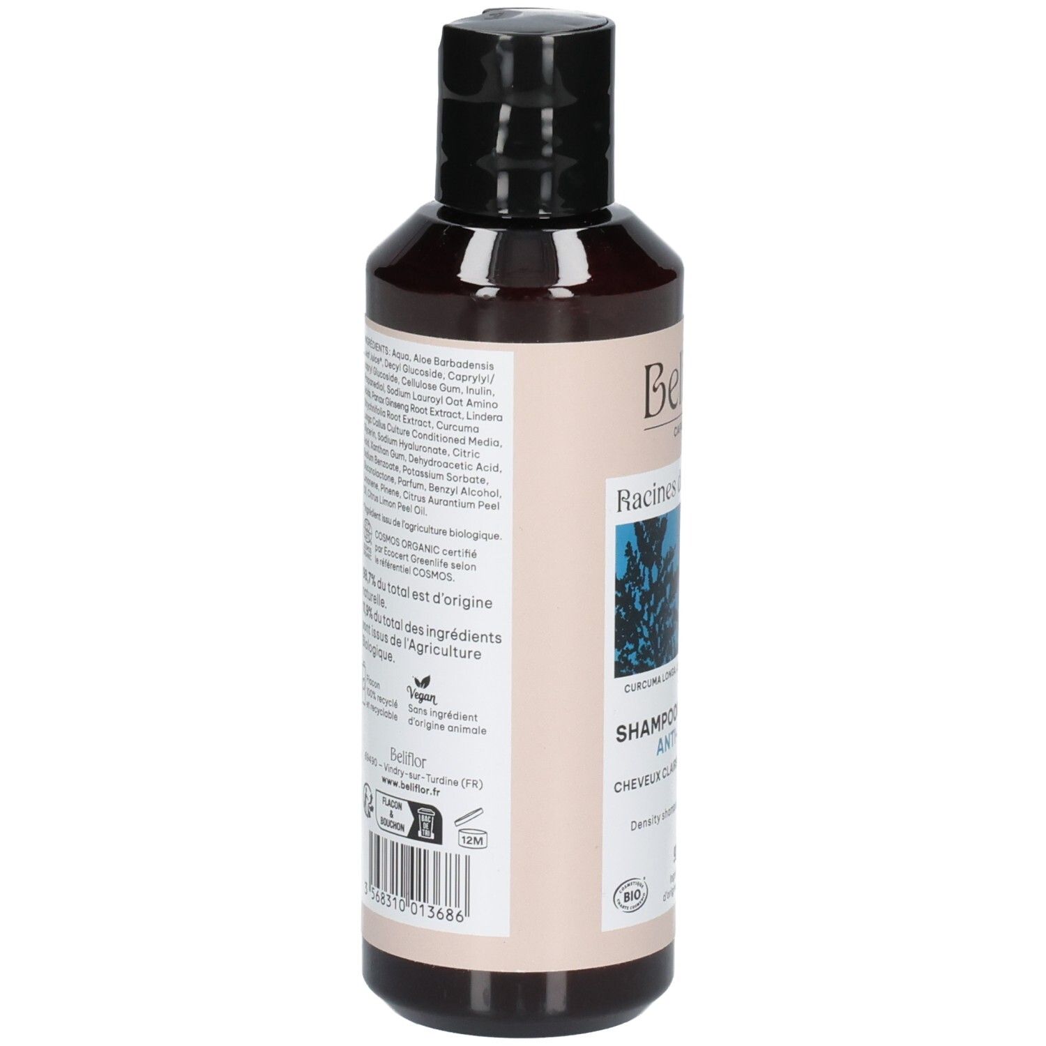 Bruine fles met zwarte dop, etiket met ingrediëntenlijst en productinformatie.