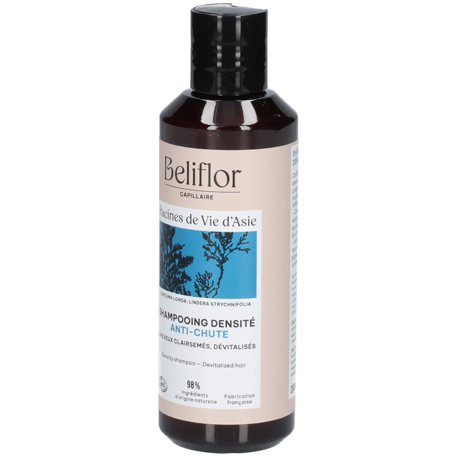 Beliflor Shampoo Dichte Anti-Chute fles met zwarte dop. Beige etiket met blauwe illustratie.