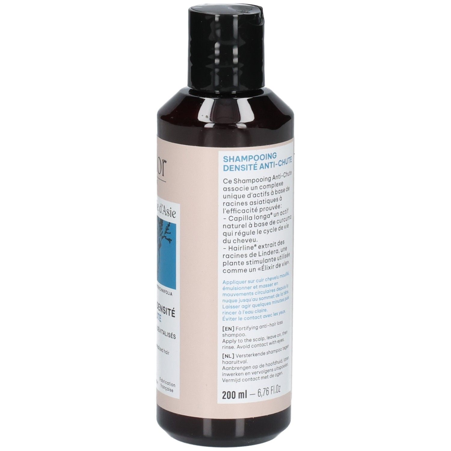 Bruine fles met zwarte dop, etiket met productinformatie en 200 ml inhoud.