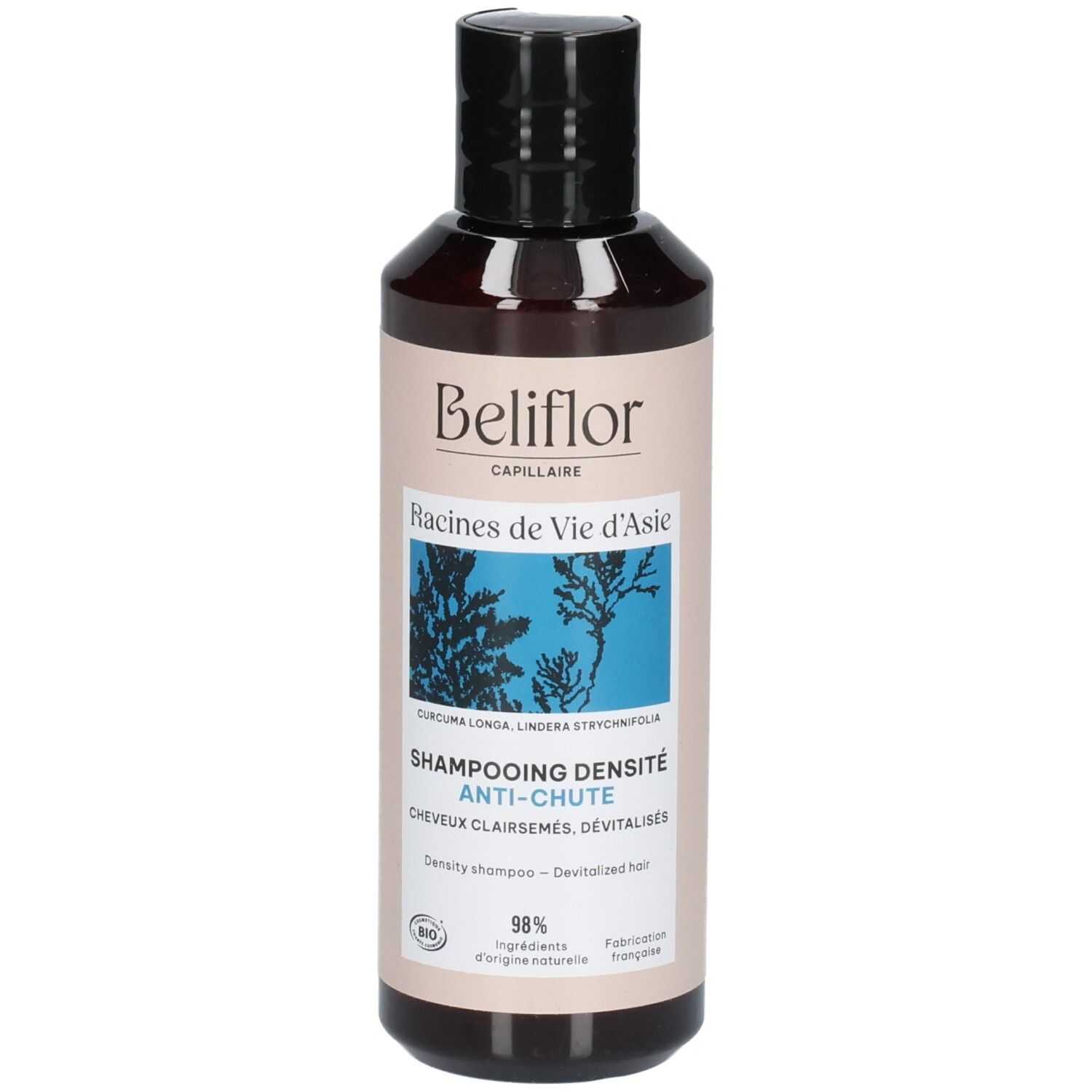 Beliflor shampoofles met zwarte dop. Beige etiket met blauwe afbeelding en tekst.