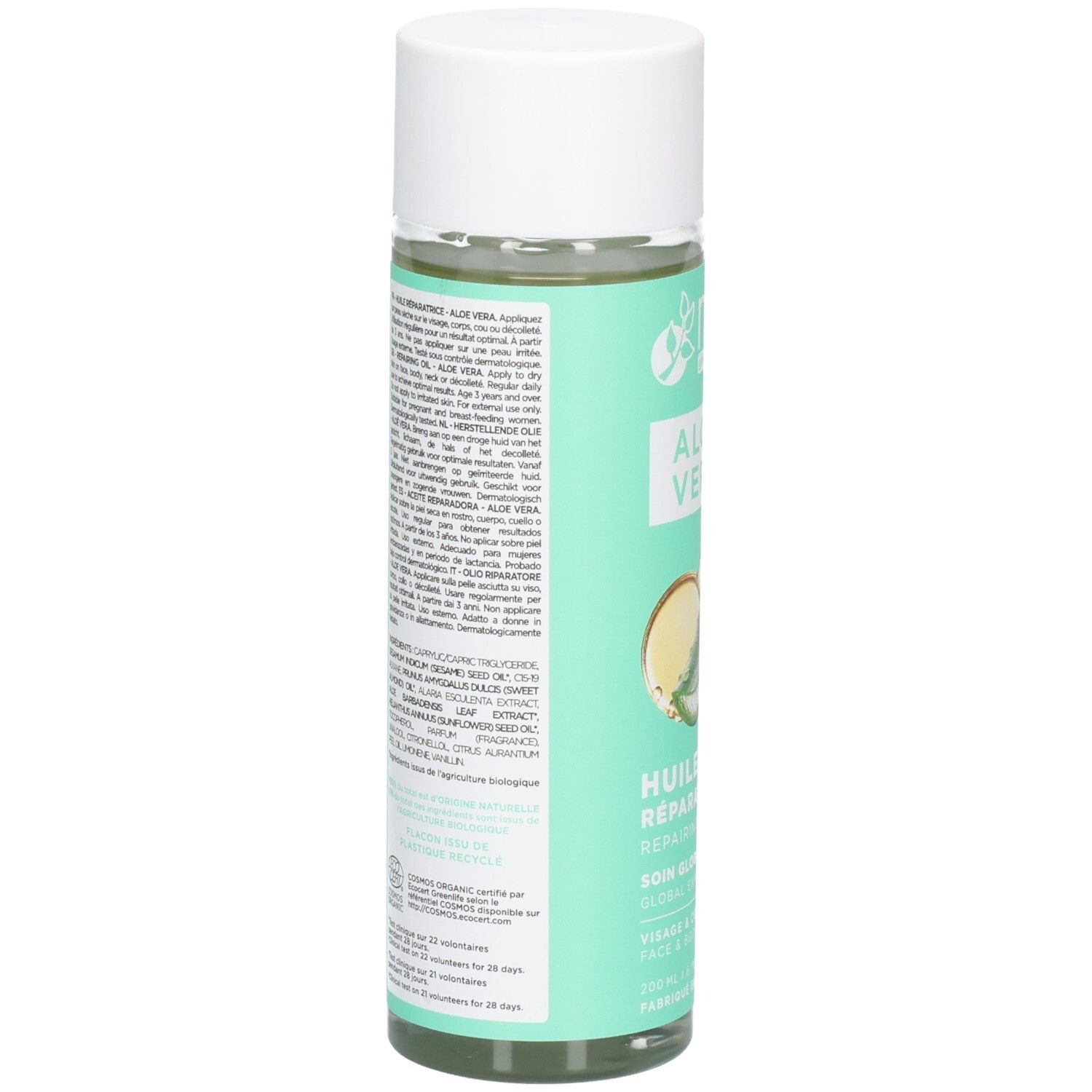 Achterkant van de MKL Green Nature Aloe Vera herstellende olie fles met ingrediënten.