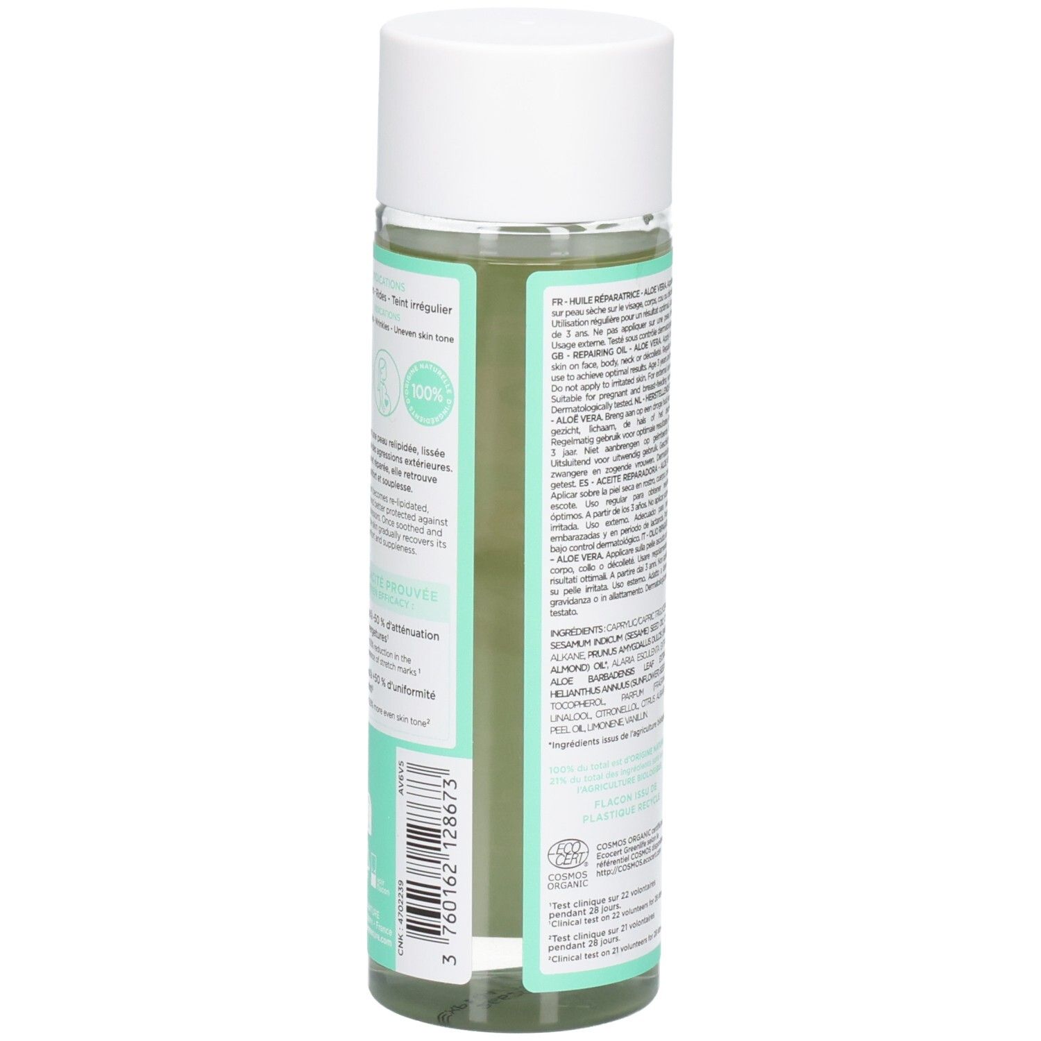 Zijaanzicht van de MKL Green Nature Aloe Vera herstellende olie fles met barcode.