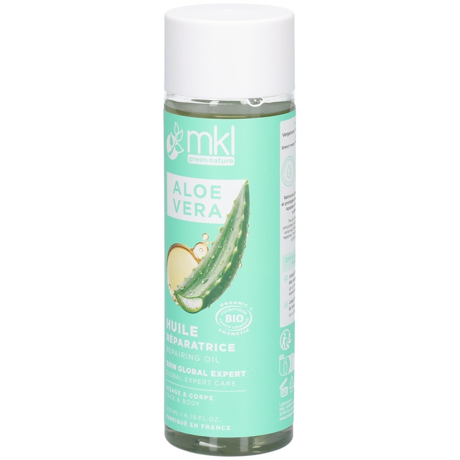 MKL Green Nature Aloe Vera herstellende olie, 200ml fles, vooraanzicht.