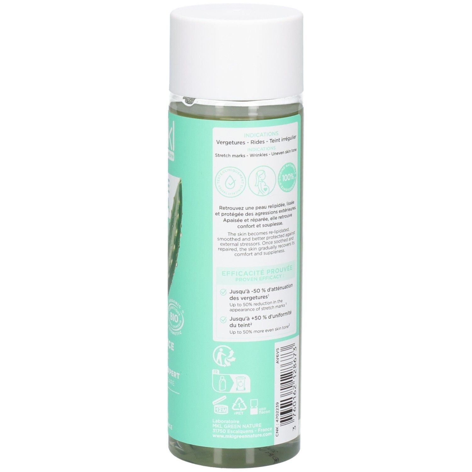 Achterkant van de MKL Green Nature Aloe Vera herstellende olie fles met gebruiksinstructies.