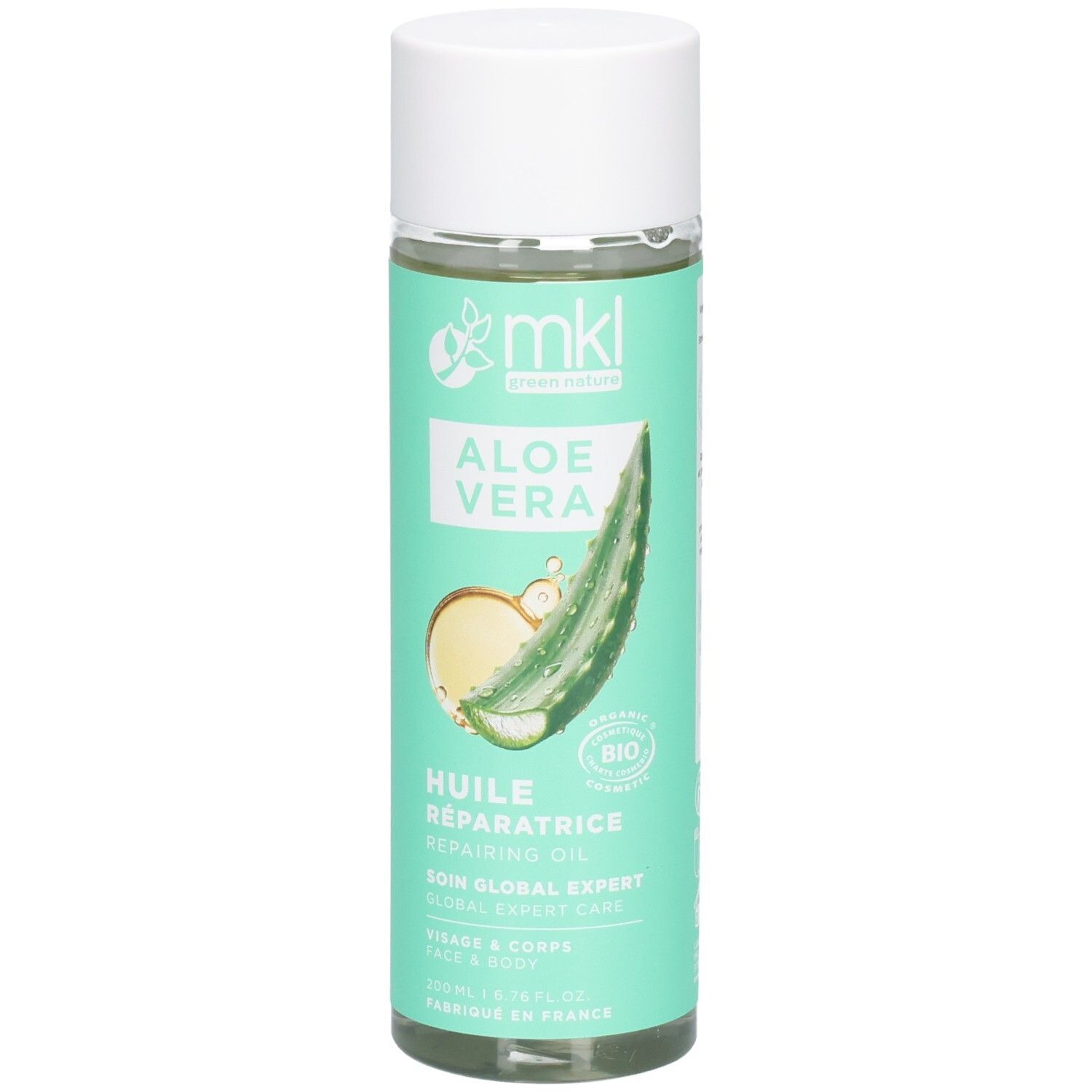 MKL Green Nature Aloe Vera herstellende olie, 200ml fles, met aloë vera blad illustratie.