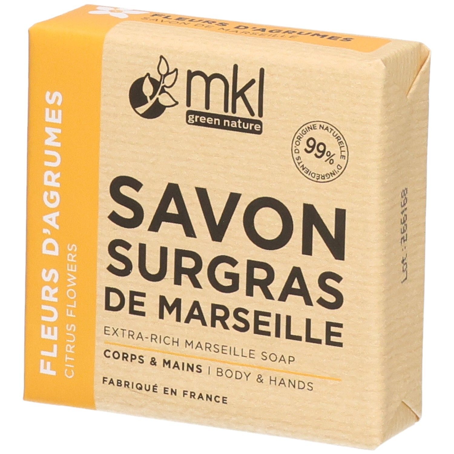 Extra rijke Marseille zeep met citrusbloesems. 99% natuurlijke ingrediënten. Gemaakt in Frankrijk.