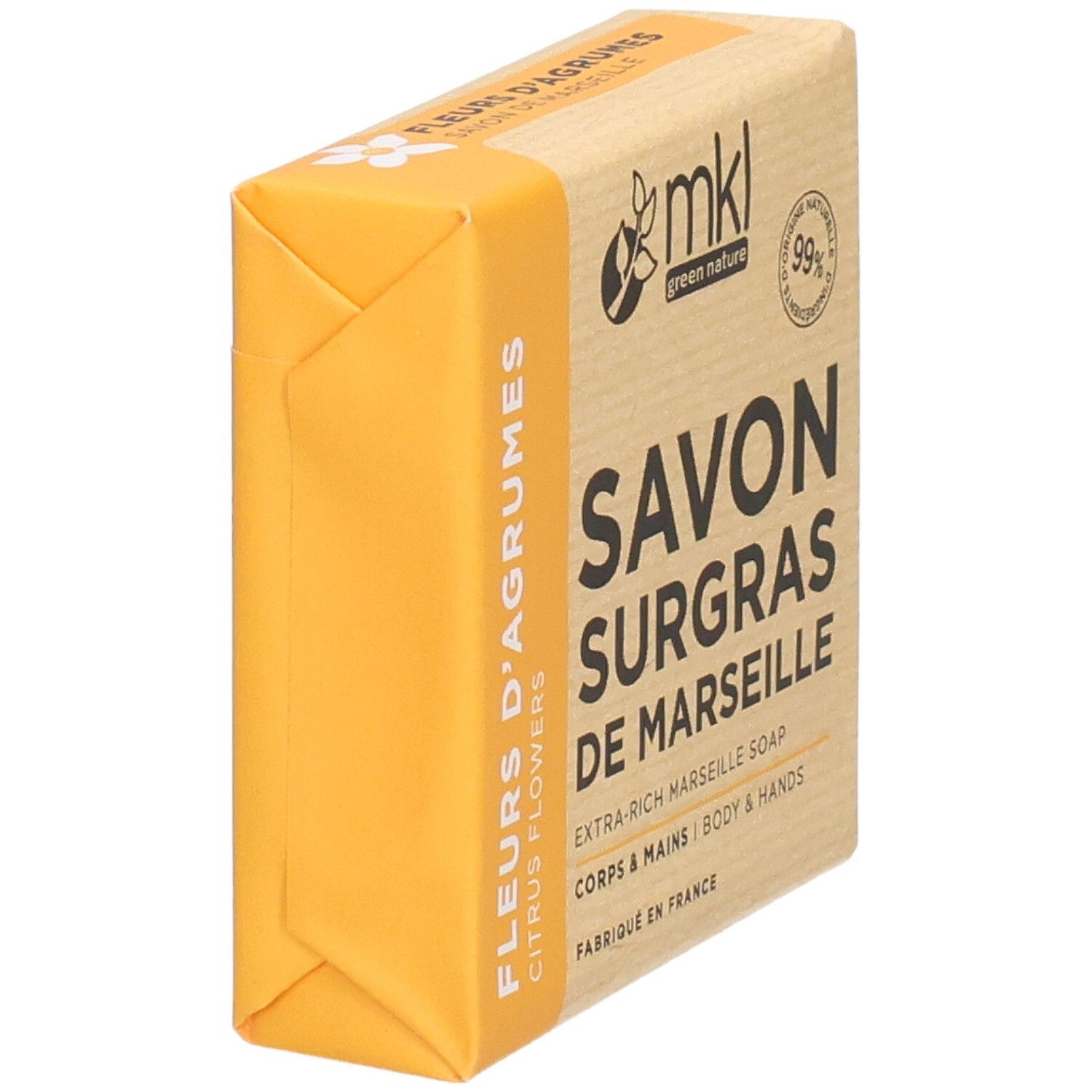 Extra rijke Marseille zeep, Citrusbloesem geur. Papier verpakking.