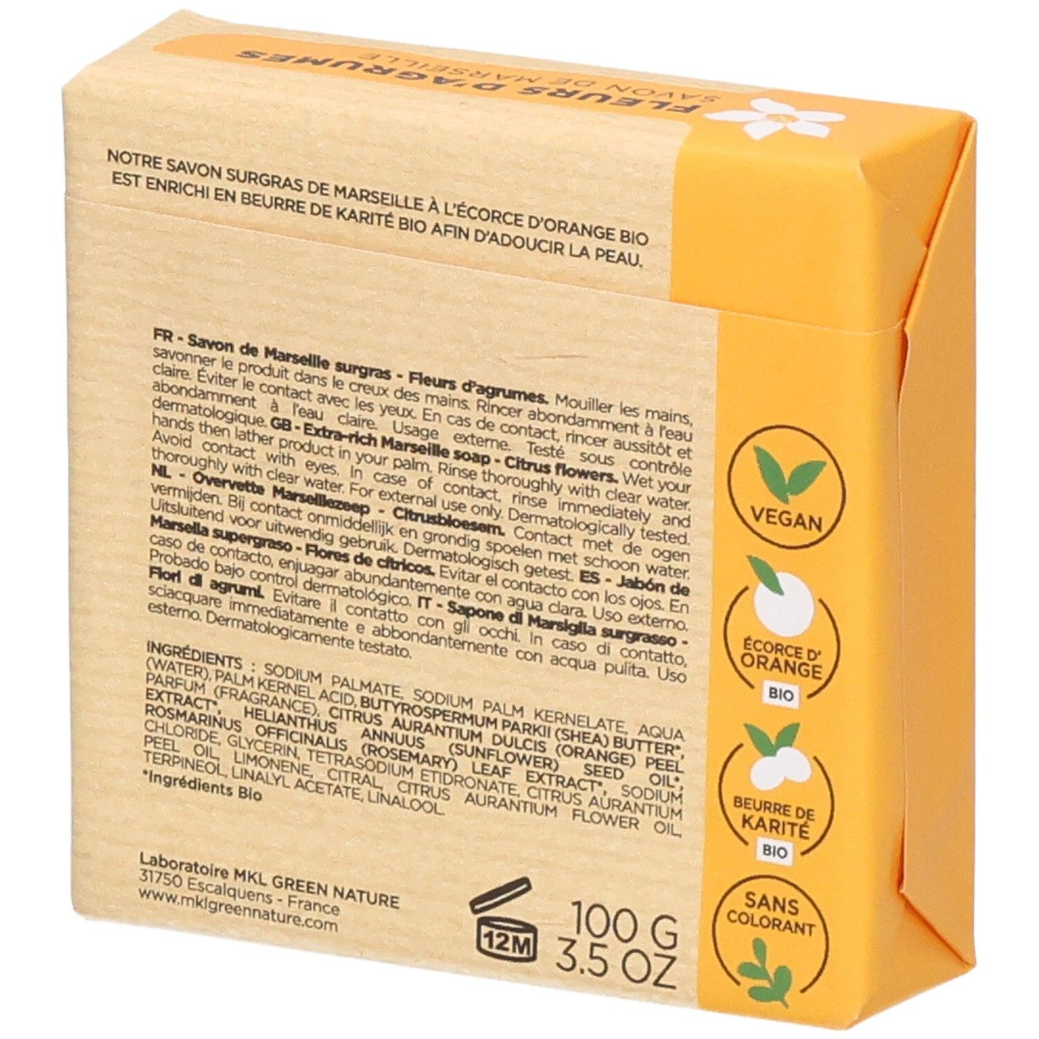 Marseille zeep, 100g, met Citrusbloesem geur, verrijkt met biologische sheaboter.