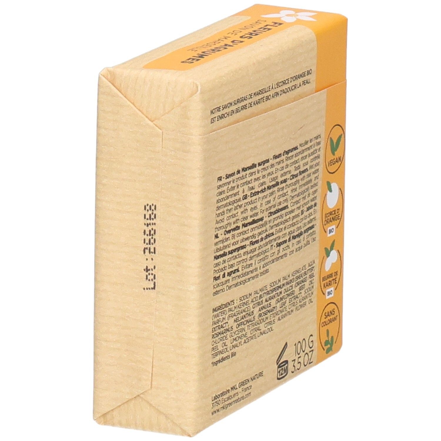 Verpakte zeep, 100g, met Oranjebloesem en Karitéboter geur. Vegan gecertificeerd.