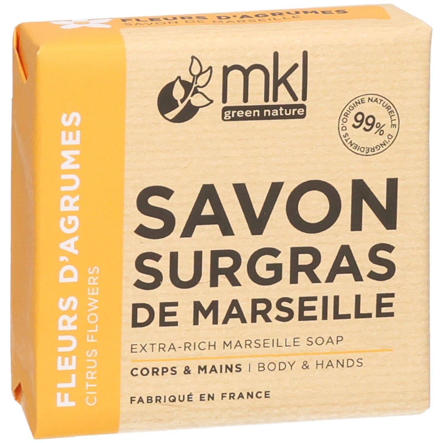 Extra rijke Marseille zeep met citrusbloesems, voor lichaam en handen, 99% natuurlijke ingrediënten.