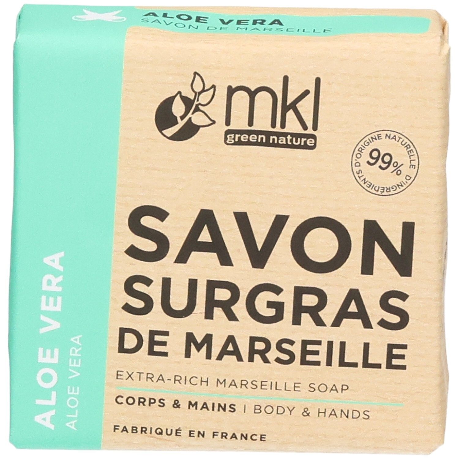 Marseille zeep met aloë vera, 99% natuurlijke ingrediënten, voor lichaam en handen.