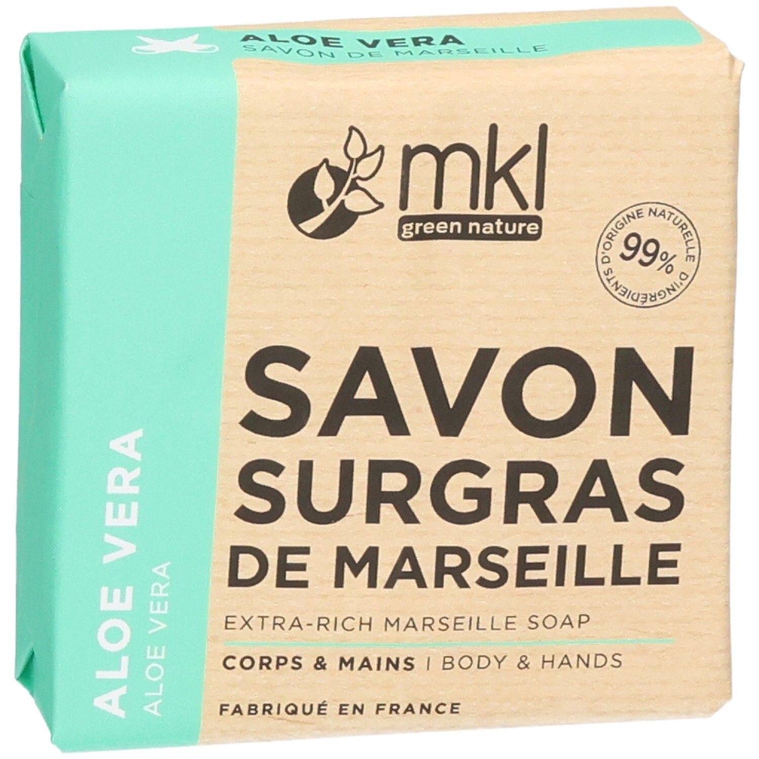 Extra rijke Marseille zeep met aloë vera, 99% natuurlijke ingrediënten, voor lichaam en handen.