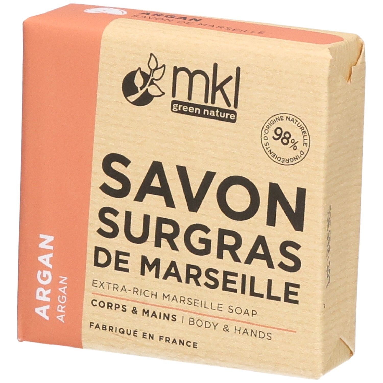 Marseille zeep met arganolie, 98% natuurlijke ingrediënten, voor lichaam en handen.