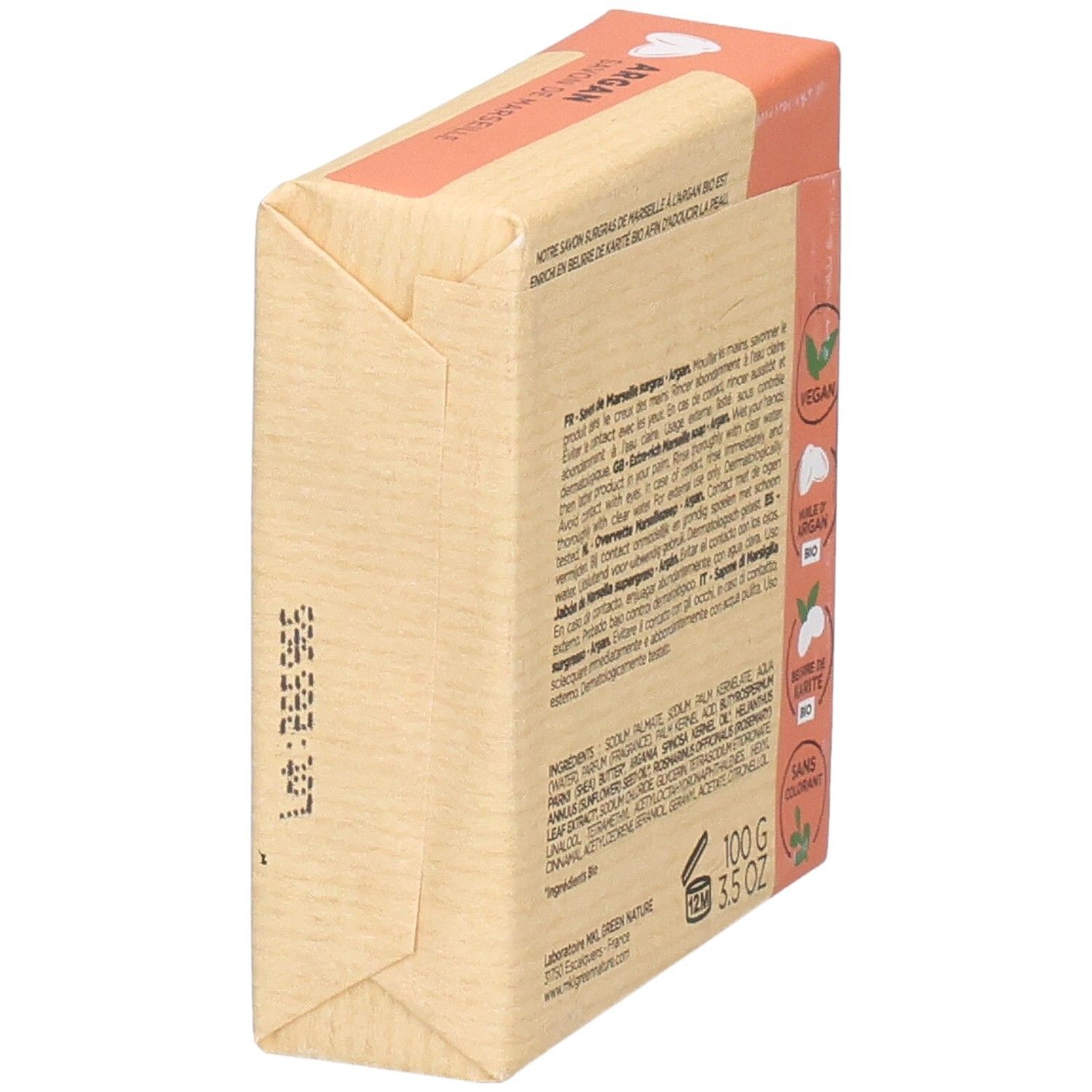 Verpakte zeep, 100g, met opdruk 'Argan' en 'Vegan'.