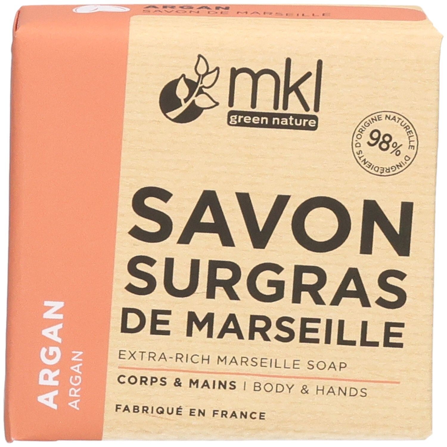 Verrijkte Marseille zeep met arganolie, 98% natuurlijke ingrediënten, voor lichaam en handen.