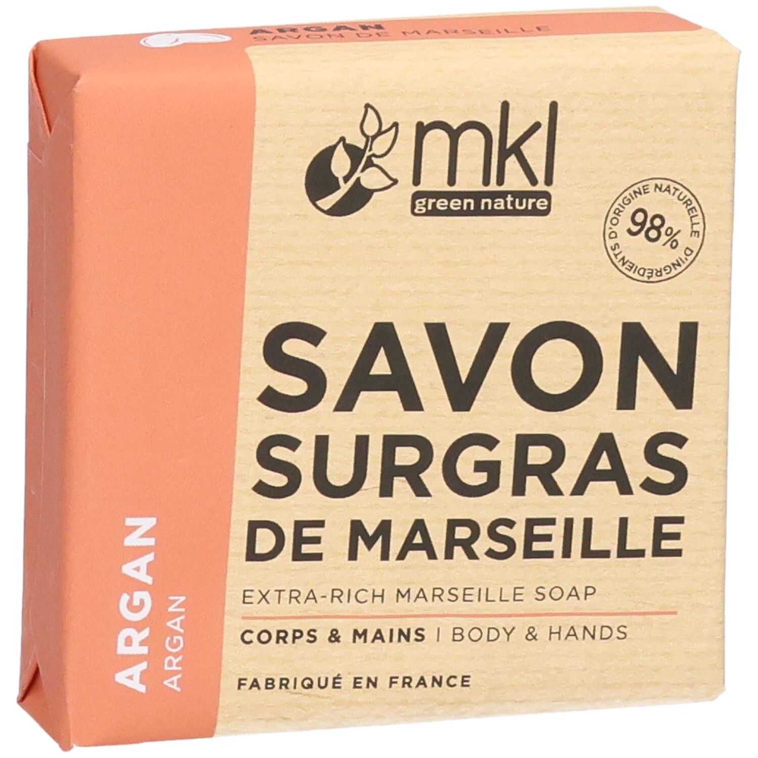 Verpakking voor Marseille zeep met arganolie, 98% natuurlijke ingrediënten.