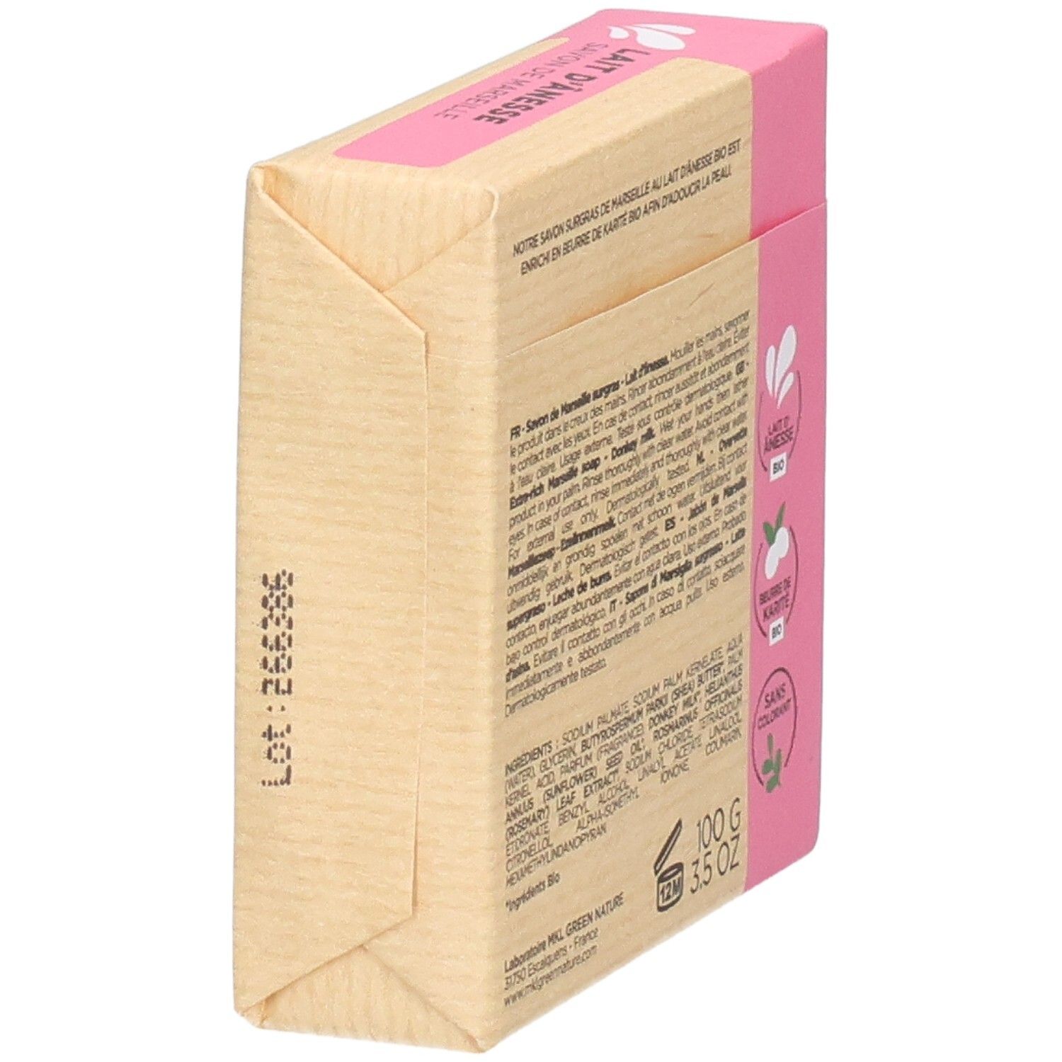 Verpakte zeep met opschrift 'Lait d'ânesse', 100g.