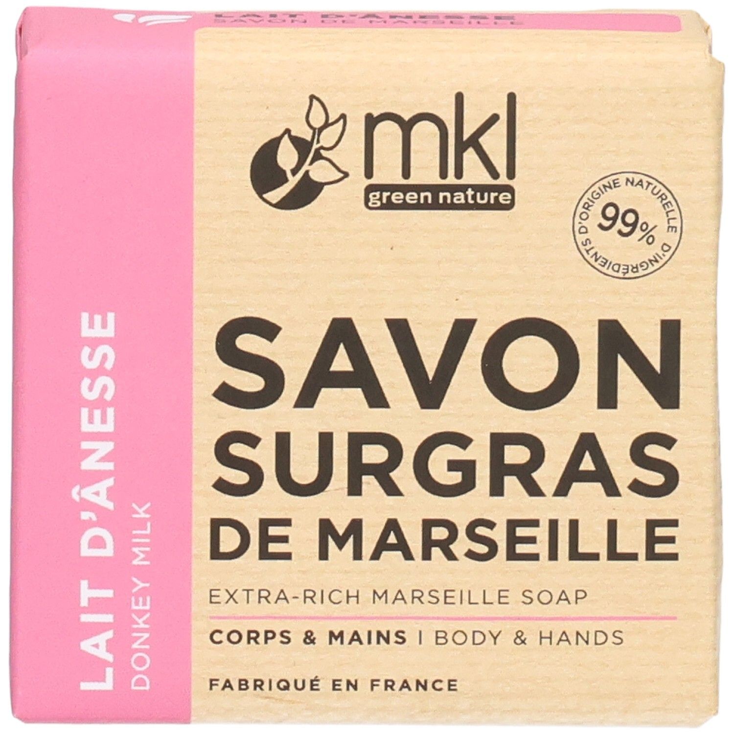 Verrijkt Marseille-zeep met ezelinnenmelk, 99% natuurlijke ingrediënten.