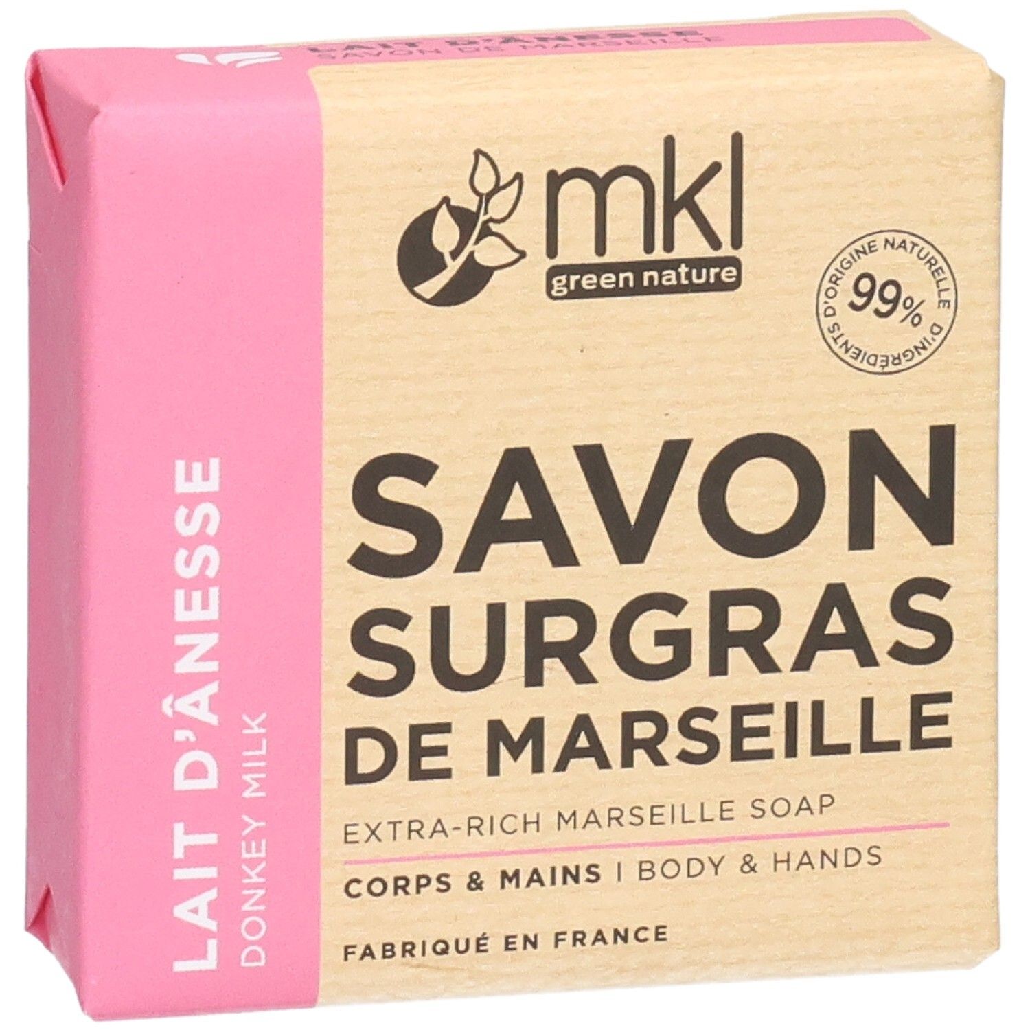 Verpakking van Marseille zeep met ezelinnenmelk, 99% natuurlijke ingrediënten.