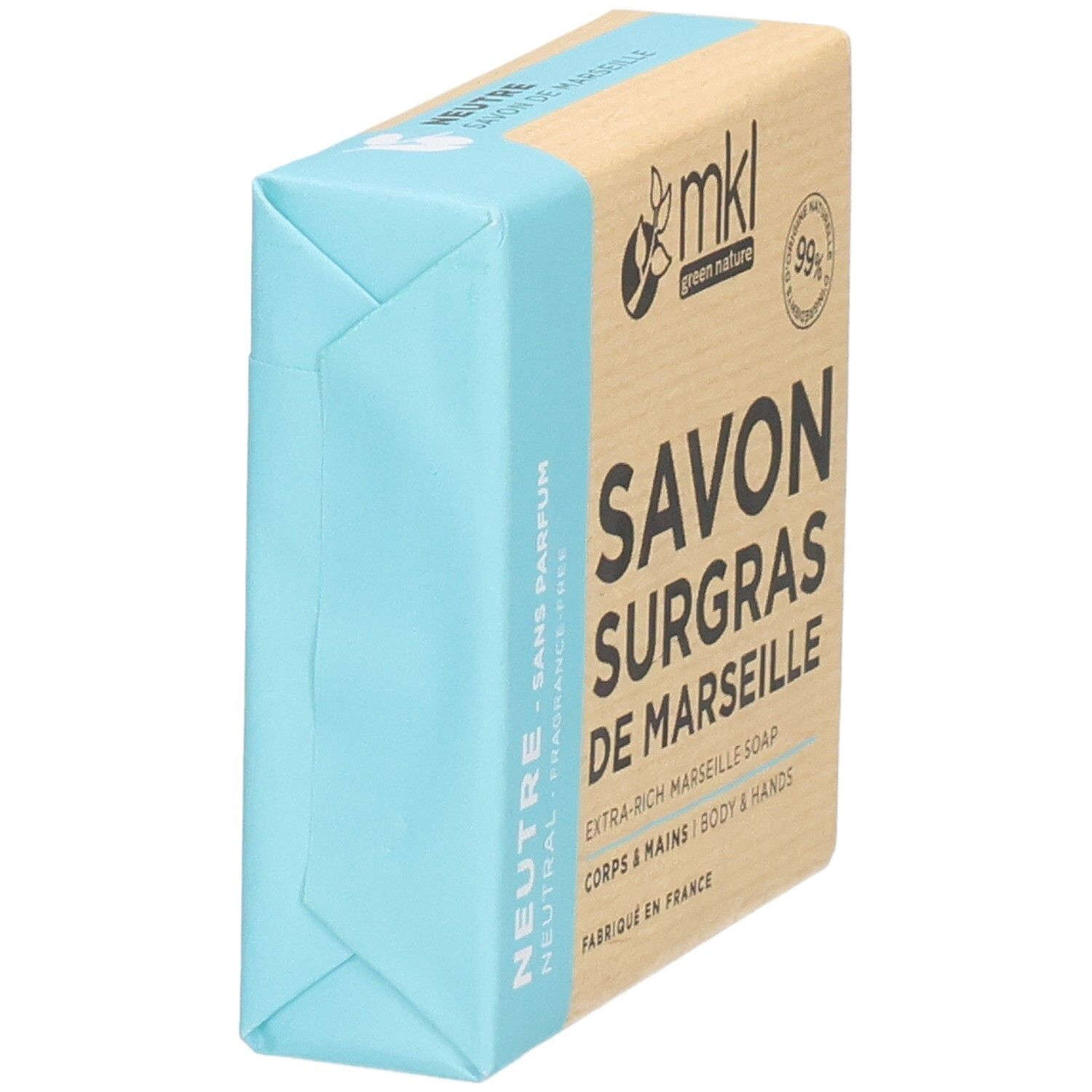 Extra rijke Marseille zeep, neutraal, geurvrij, 99% natuurlijke ingrediënten, gemaakt in Frankrijk.