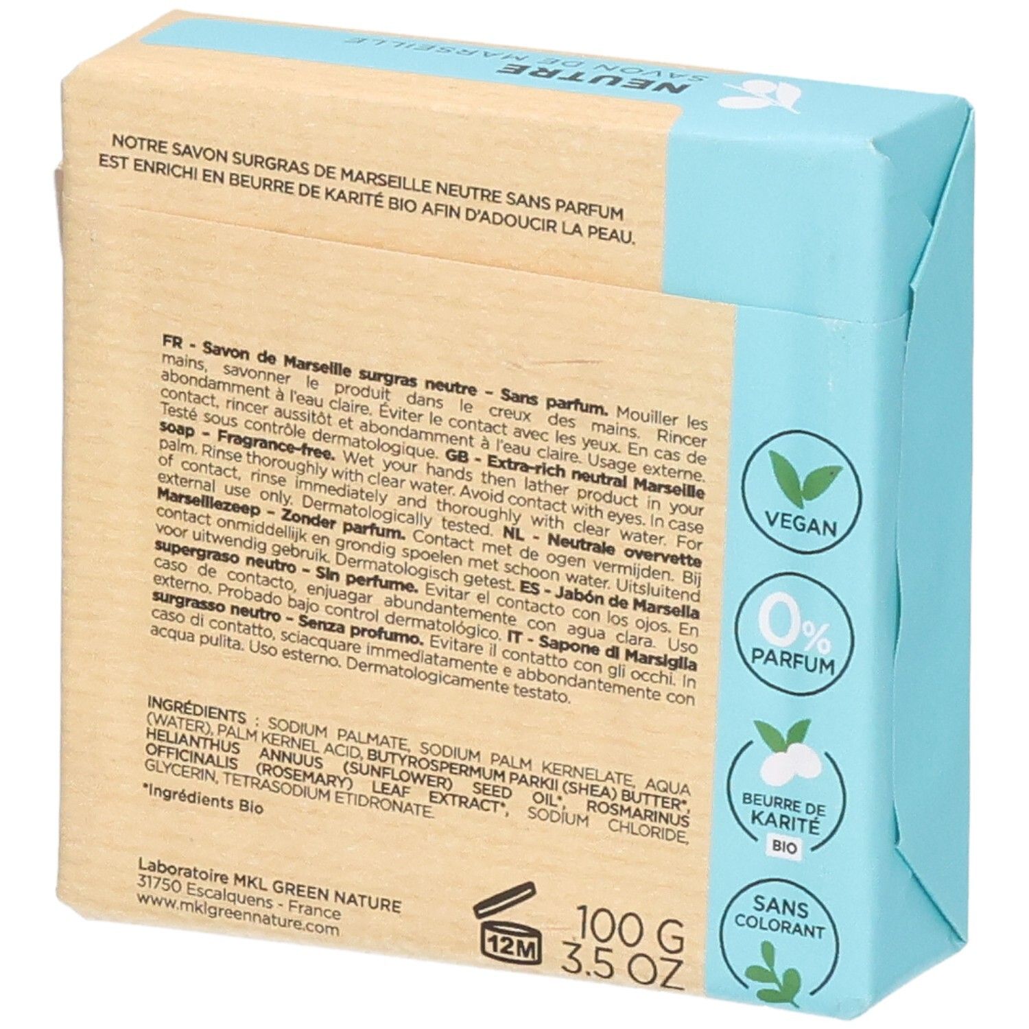 Neutrale Marseille zeep, 100g, met karitéboter, vegan, zonder parfum.