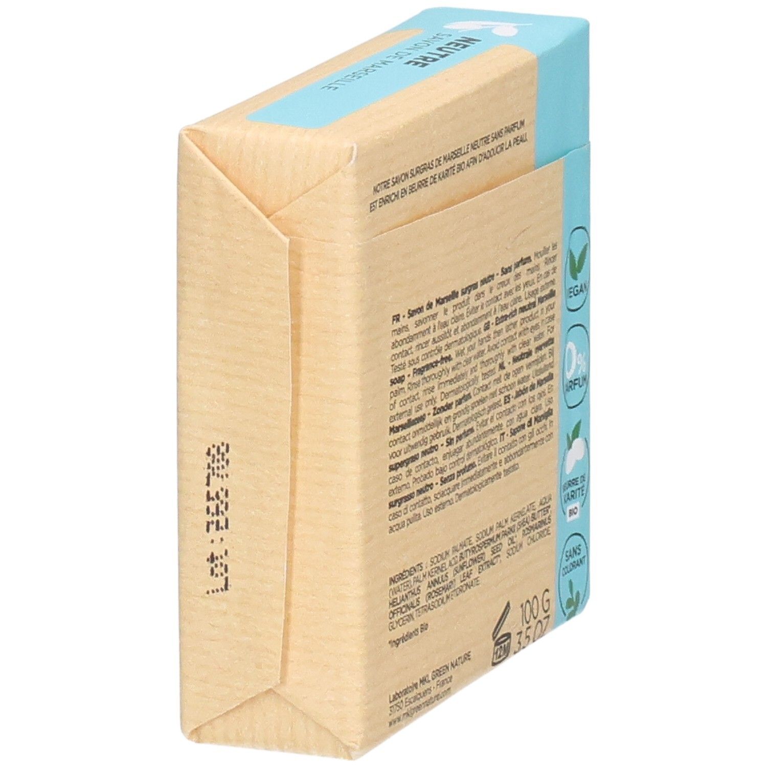 Verpakte zeep, 100g, neutrale formule, geurvrij, vegan.