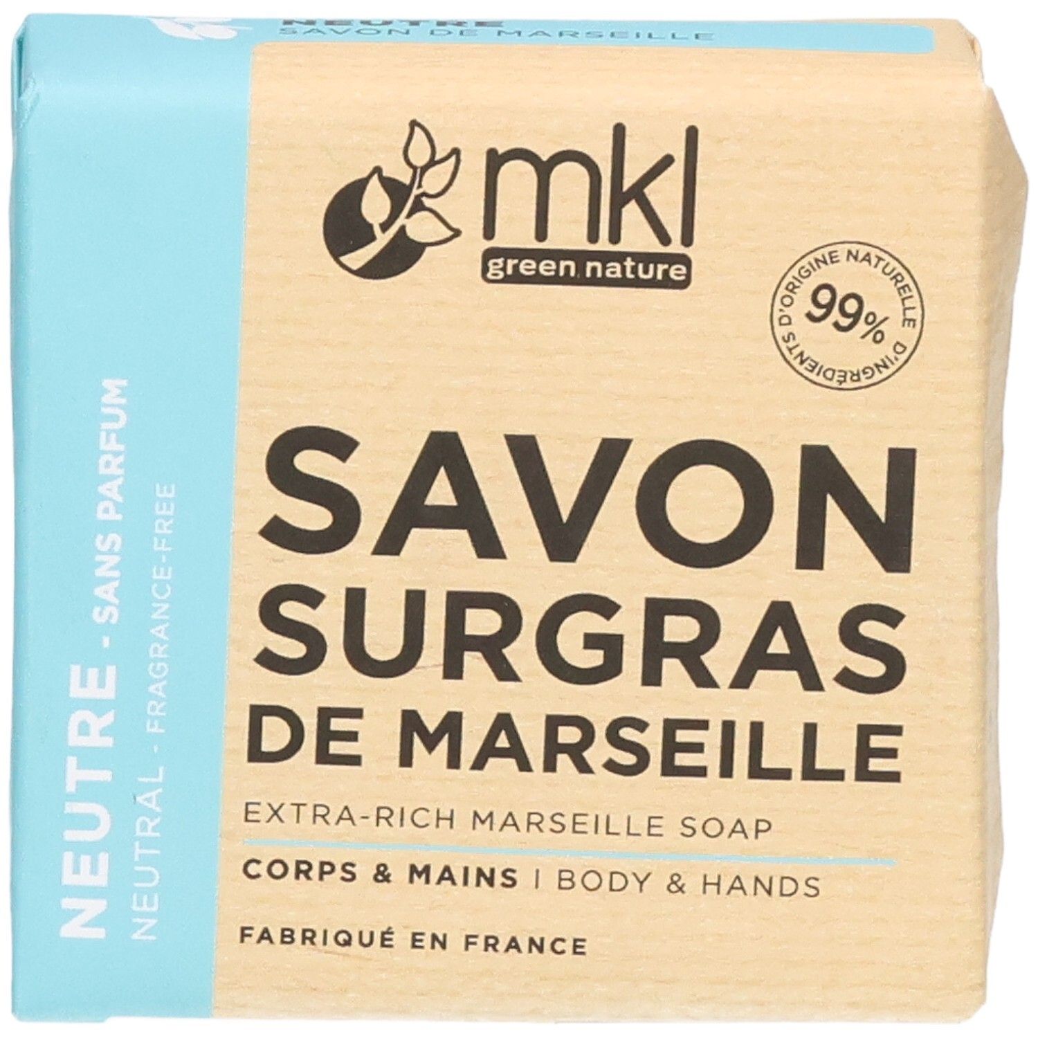 Extra rijke Marseille zeep, neutraal, geurvrij, 99% natuurlijke ingrediënten.