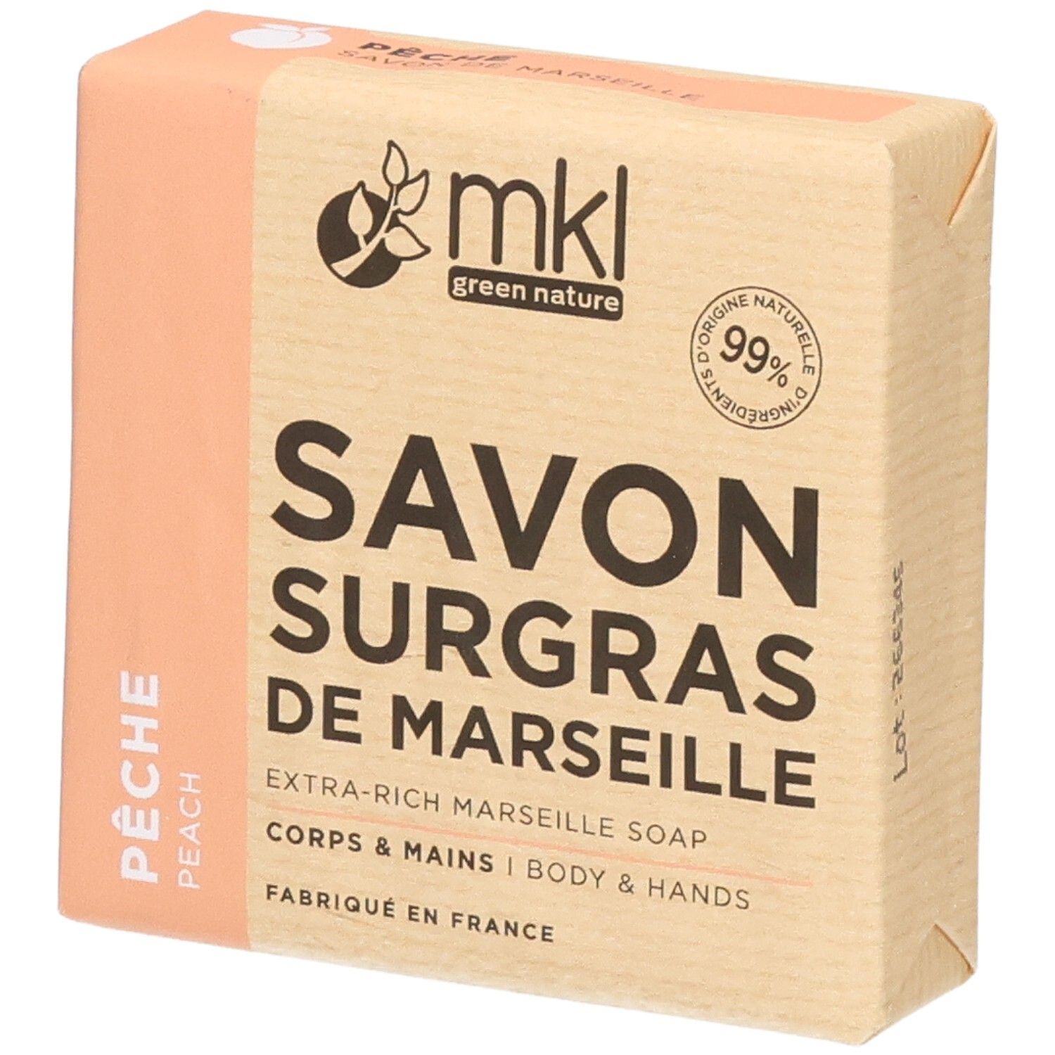 Savon surgras de Marseille, pêche, 99% d'ingrédients d'origine naturelle, fabriqué en France.