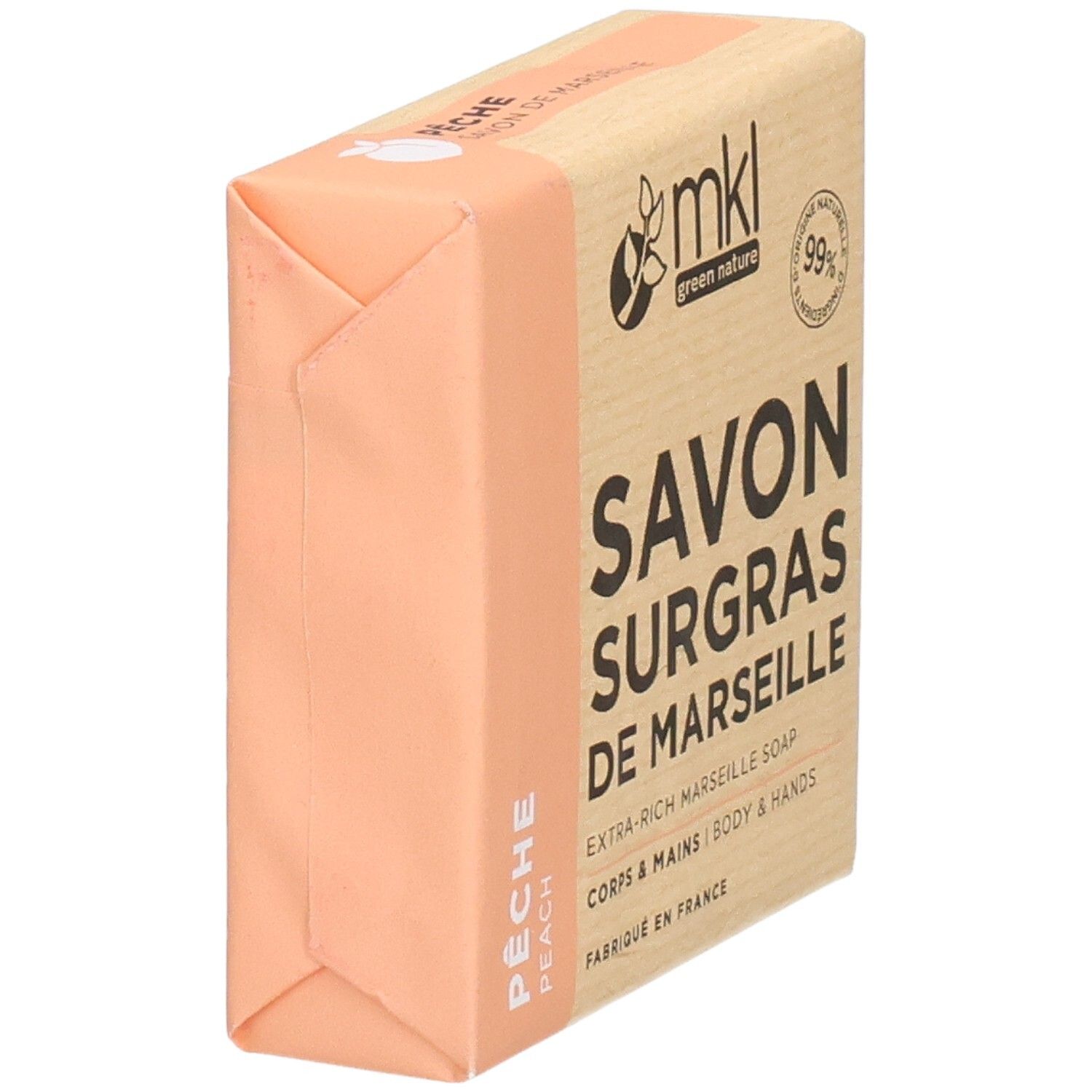 Savon de Marseille à la pêche, emballé dans du papier.