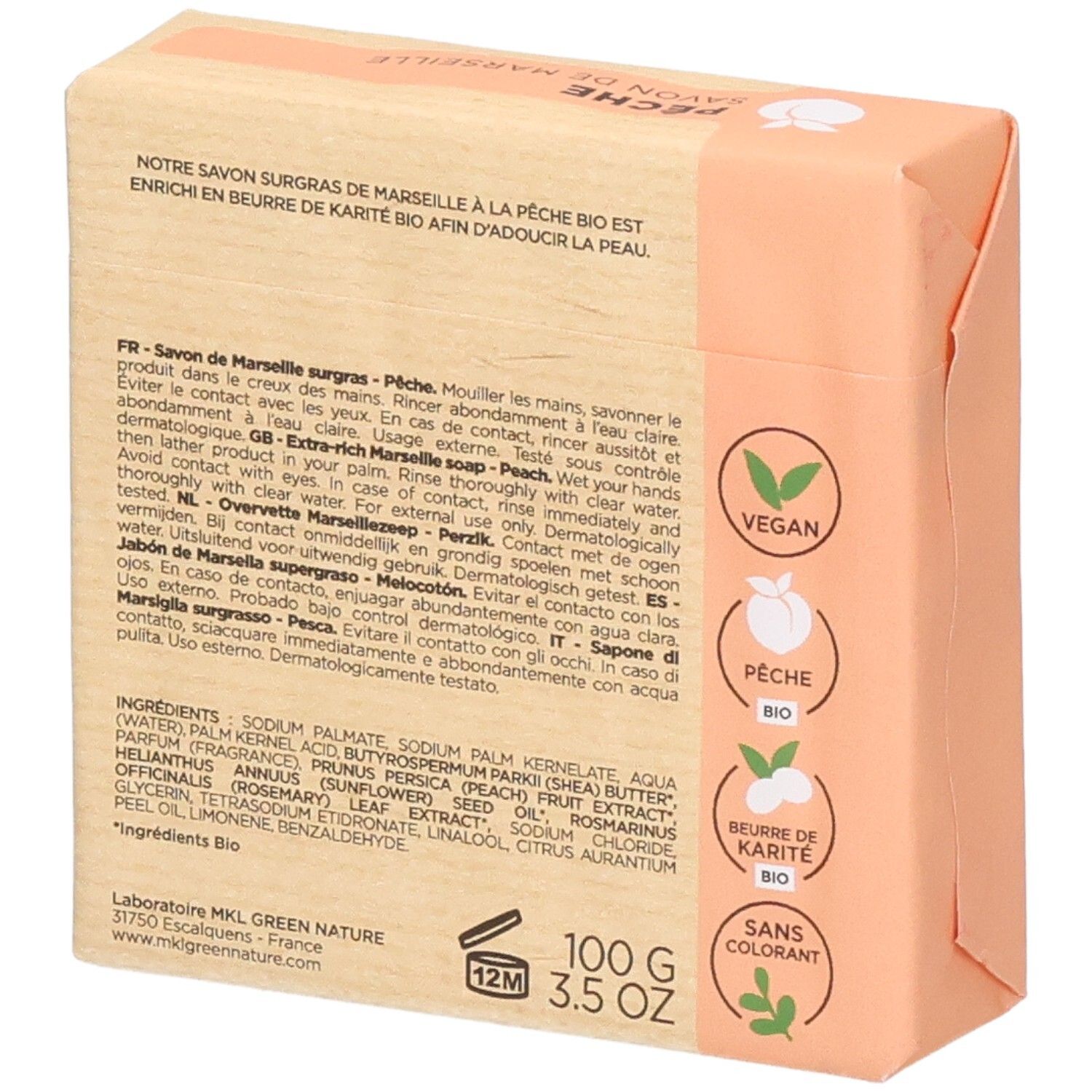 Savon de Marseille surgras à la pêche, 100g.