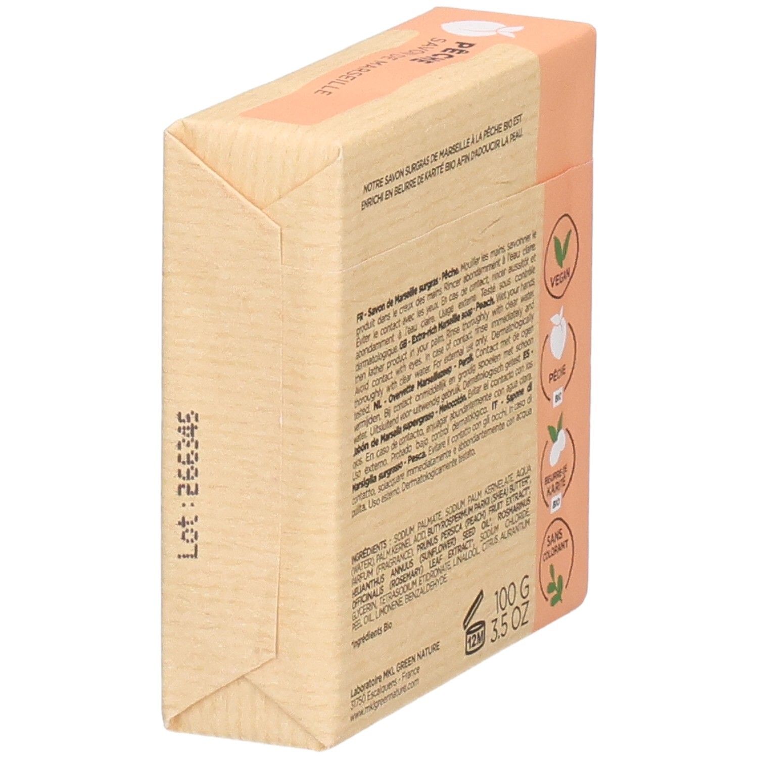 Savon parfumé Pêche, 100g. Produit végan, sans colorant.