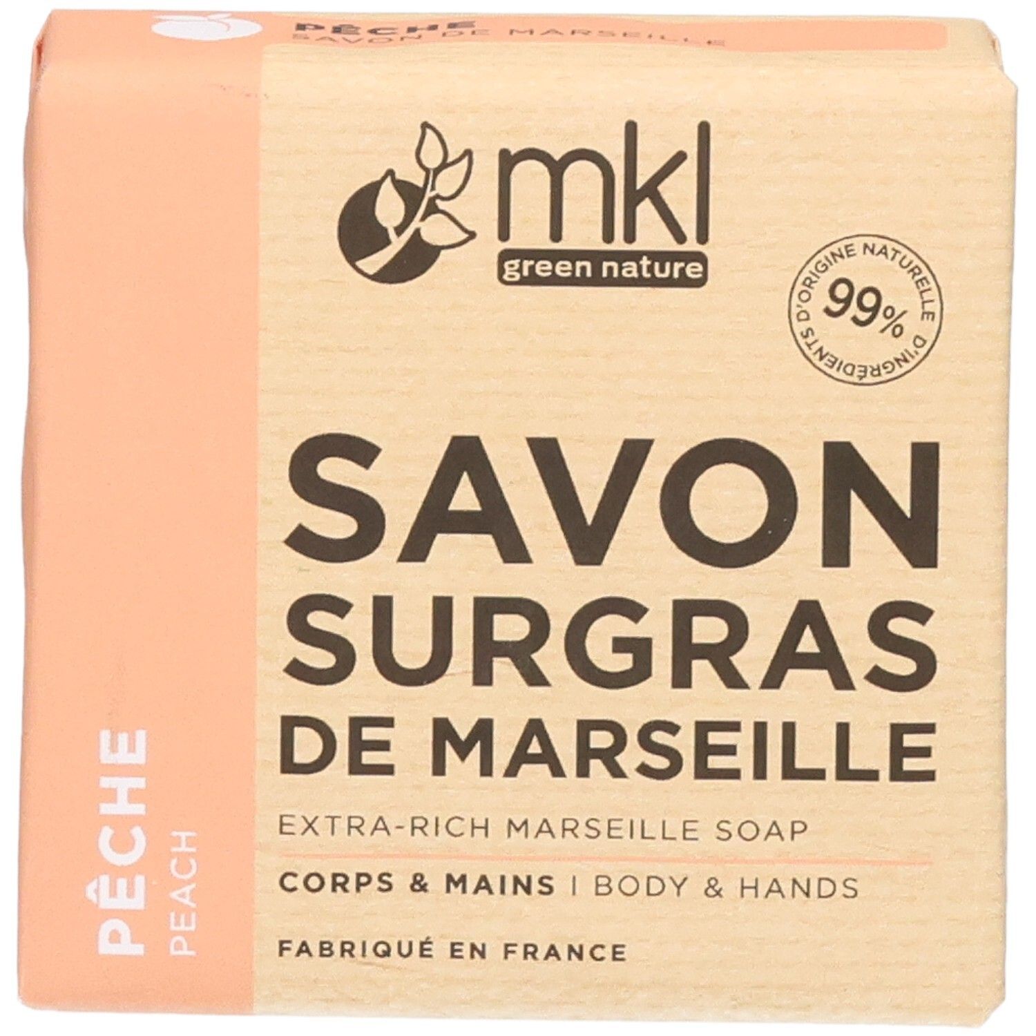 Savon de Marseille surgras, parfum pêche, 99% d'ingrédients naturels, pour corps et mains.