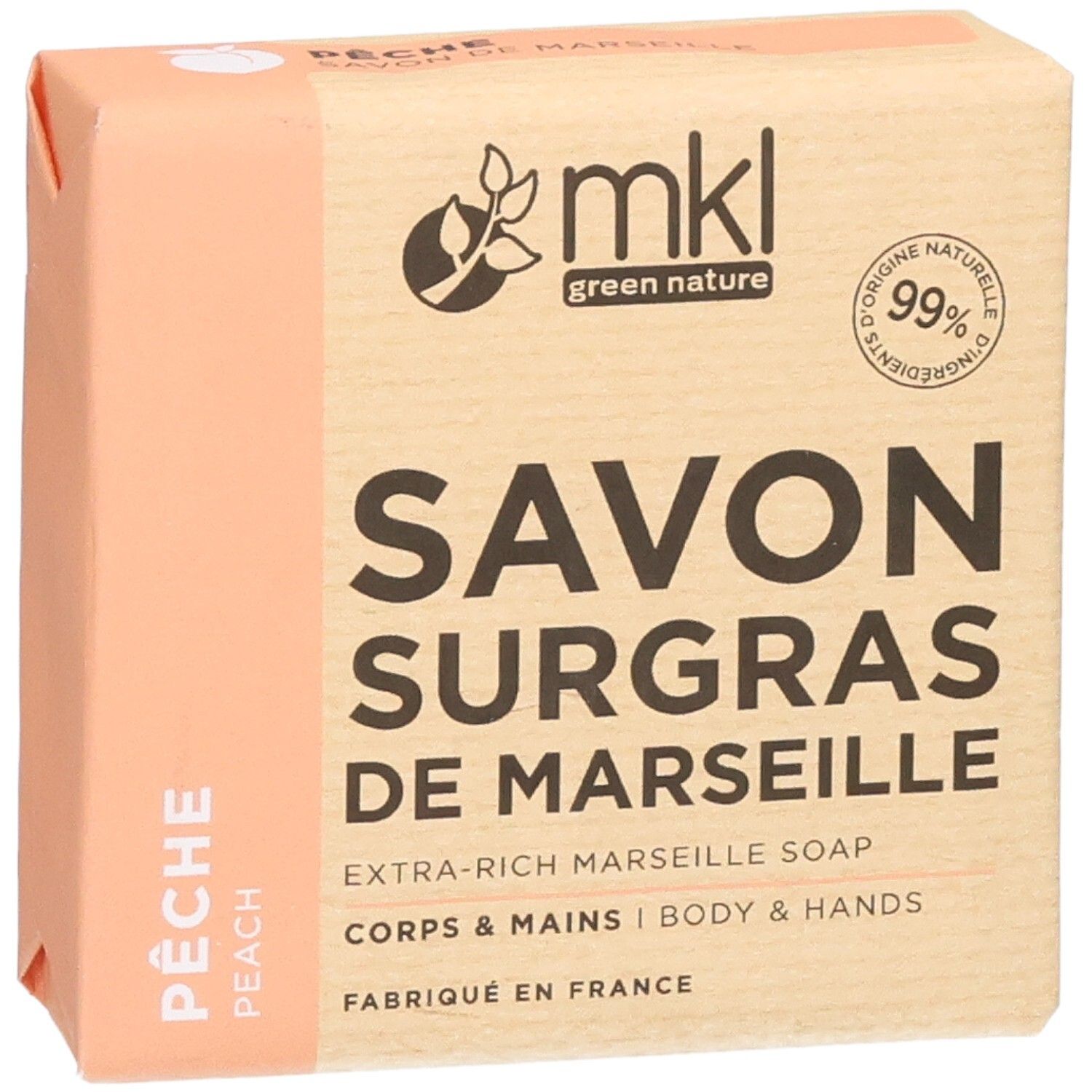 Savon surgras de Marseille parfumé à la pêche, 99% d'ingrédients naturels, pour corps et mains.