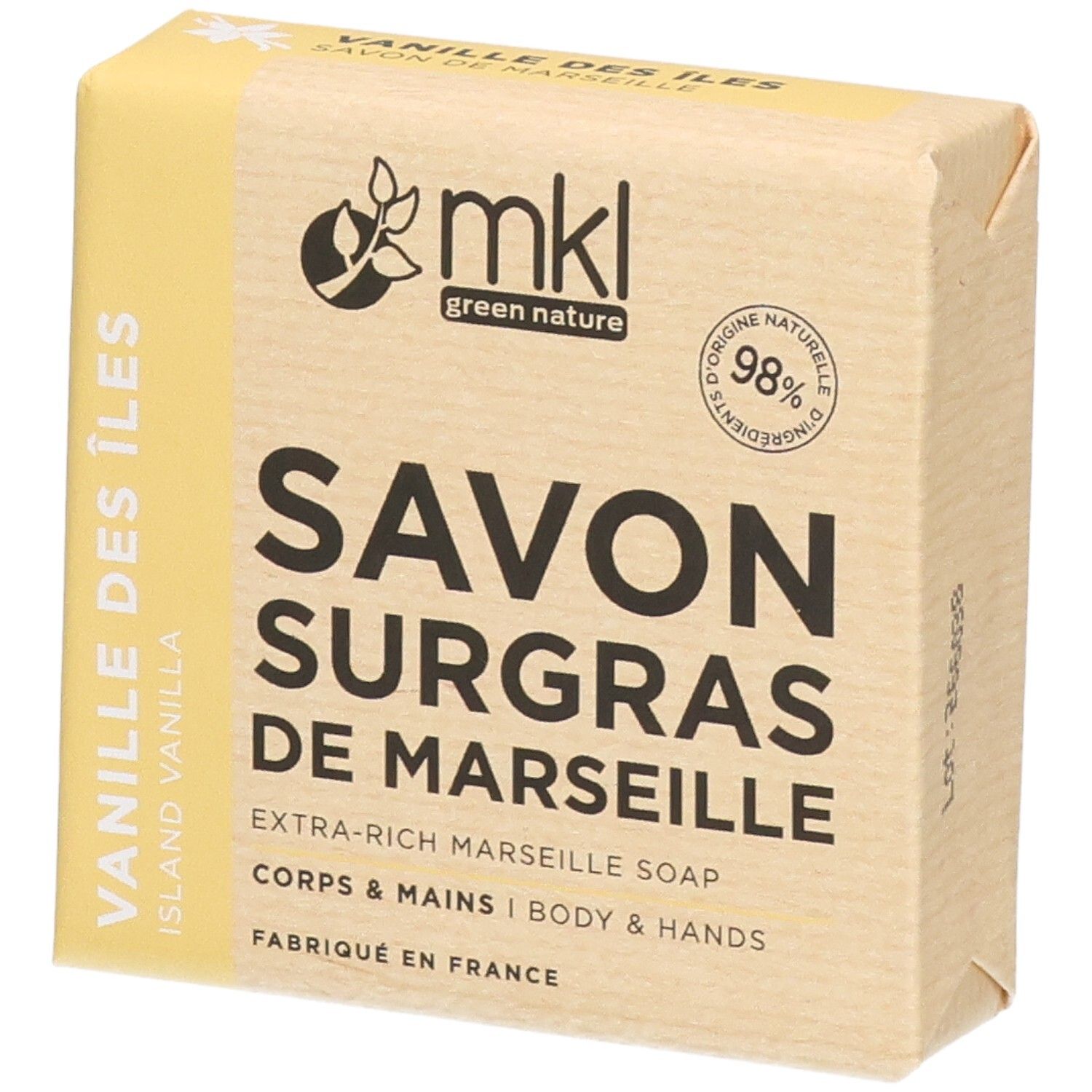 Verpakking van MKL Savon Surgras de Marseille, vanillegeur. 98% natuurlijke ingrediënten.