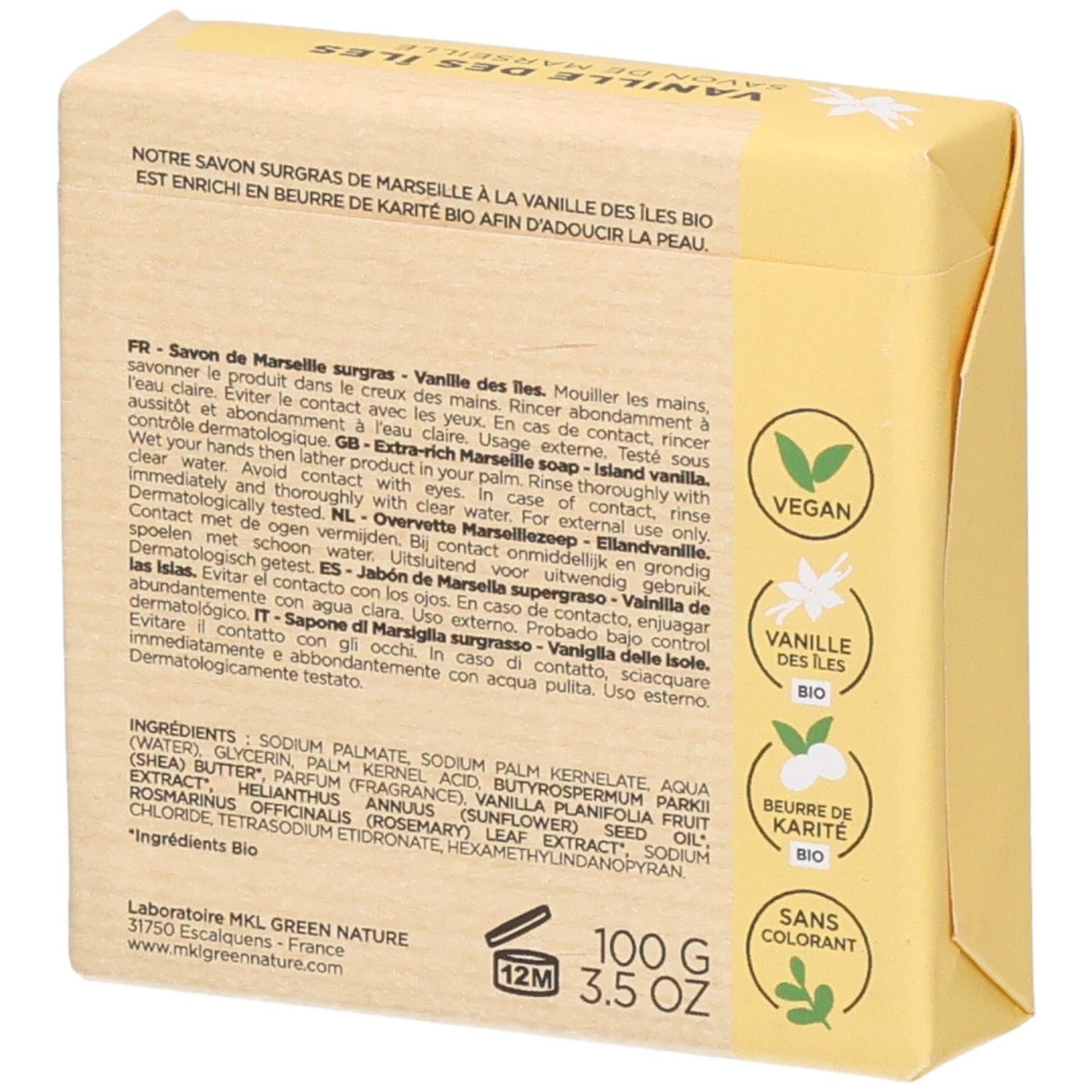 Zeep Vanille van de Eilanden, 100g. Met sheaboter. Vegan, zonder kleurstoffen.