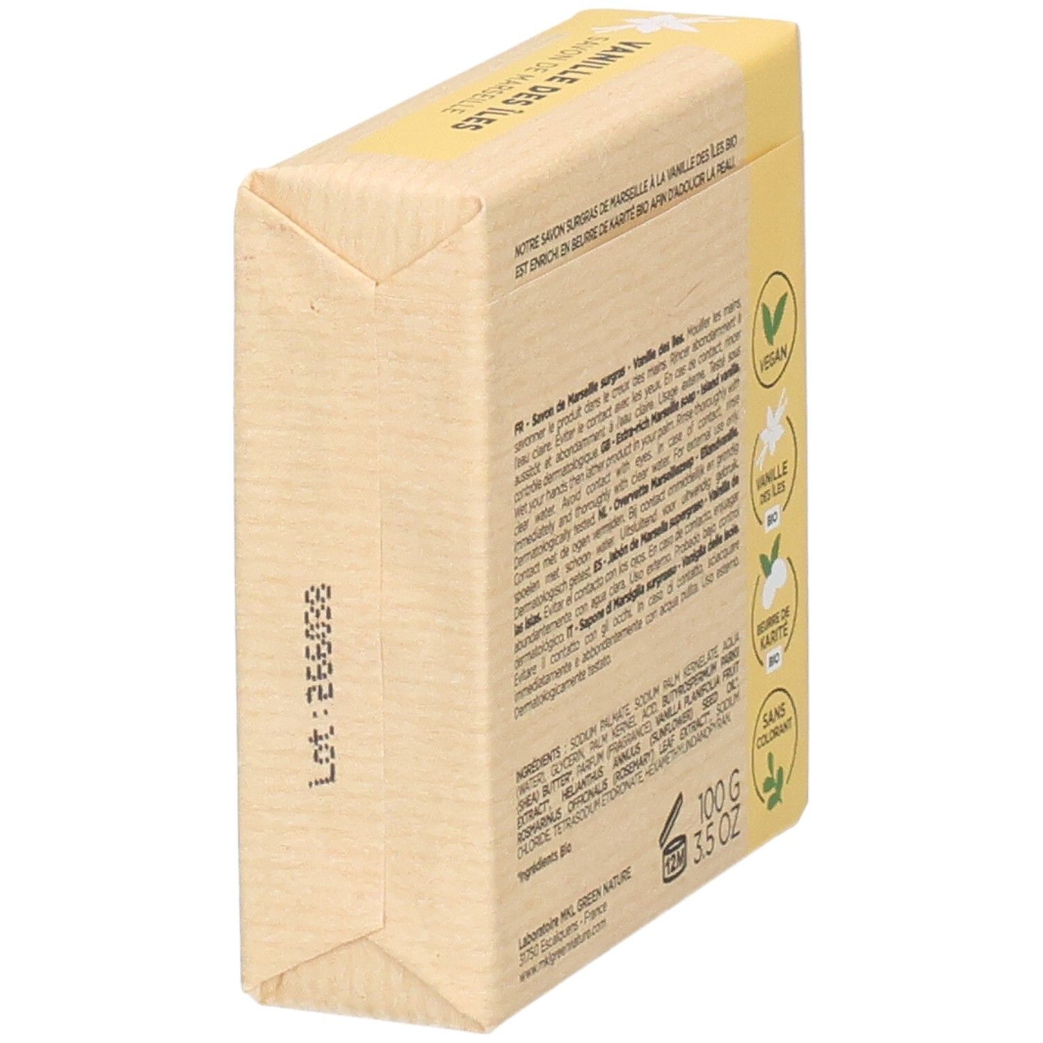 Zeep in papieren verpakking, vanillegeur, 100g.