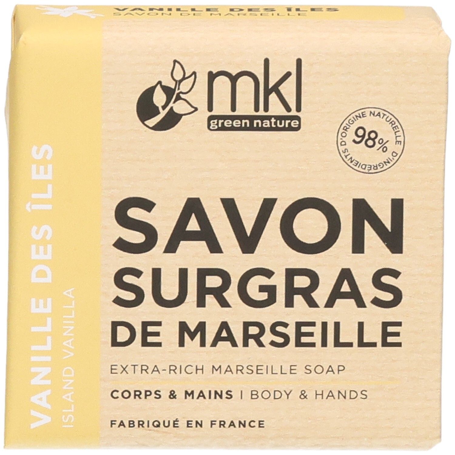 Marseille zeep, Vanille van de Eilanden, 98% natuurlijke ingrediënten, voor lichaam en handen.