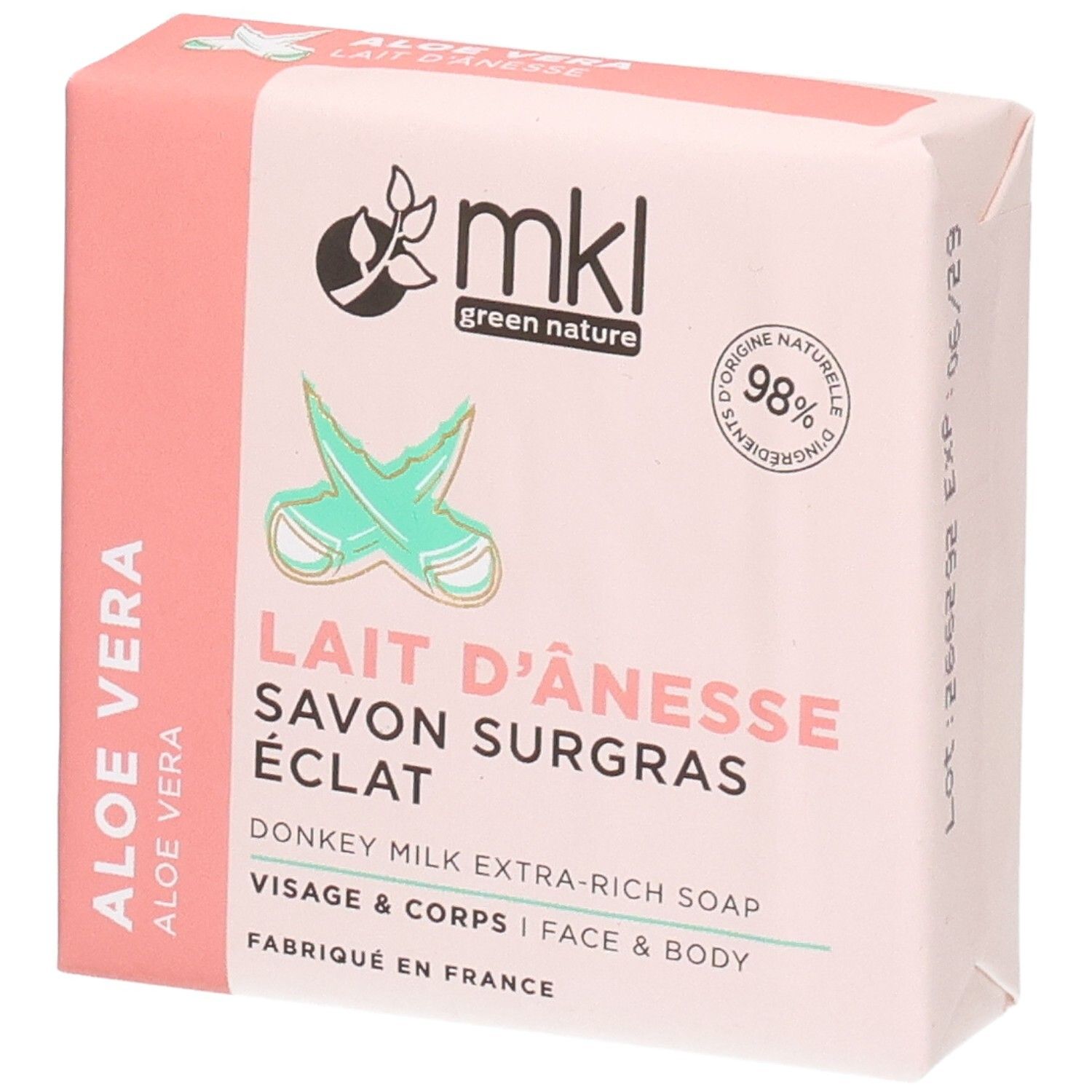Verpakking voor MKL Green Nature Ezelsmelk Extra Rijke Zeep met Aloë Vera voor Gezicht & Lichaam.