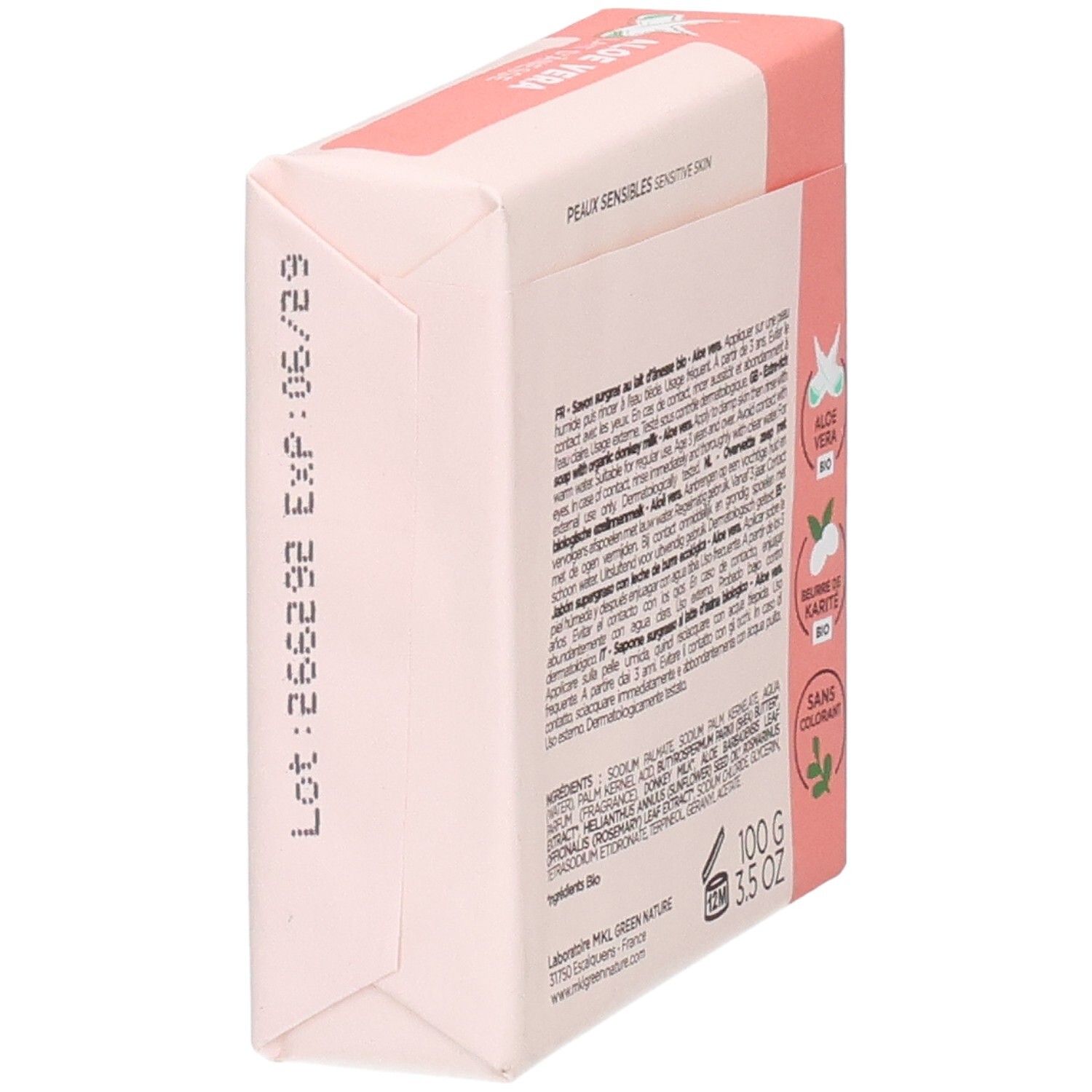 Verpakking van een 100g zeepblok voor de gevoelige huid.