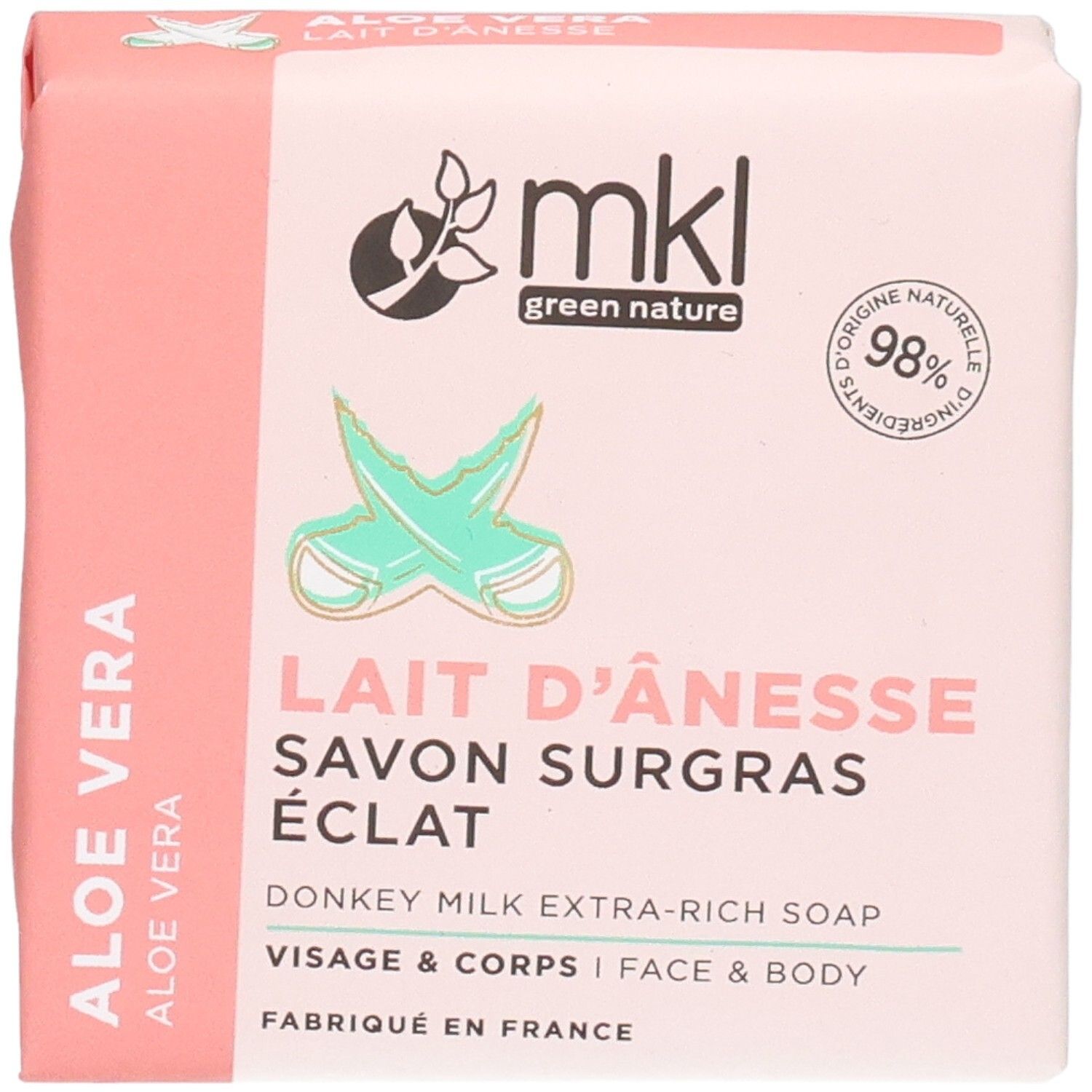 Verpakking van zeep met ezelinnenmelk en aloë vera. "mkl green nature" logo en "98% natuurlijke ingrediënten" zegel.