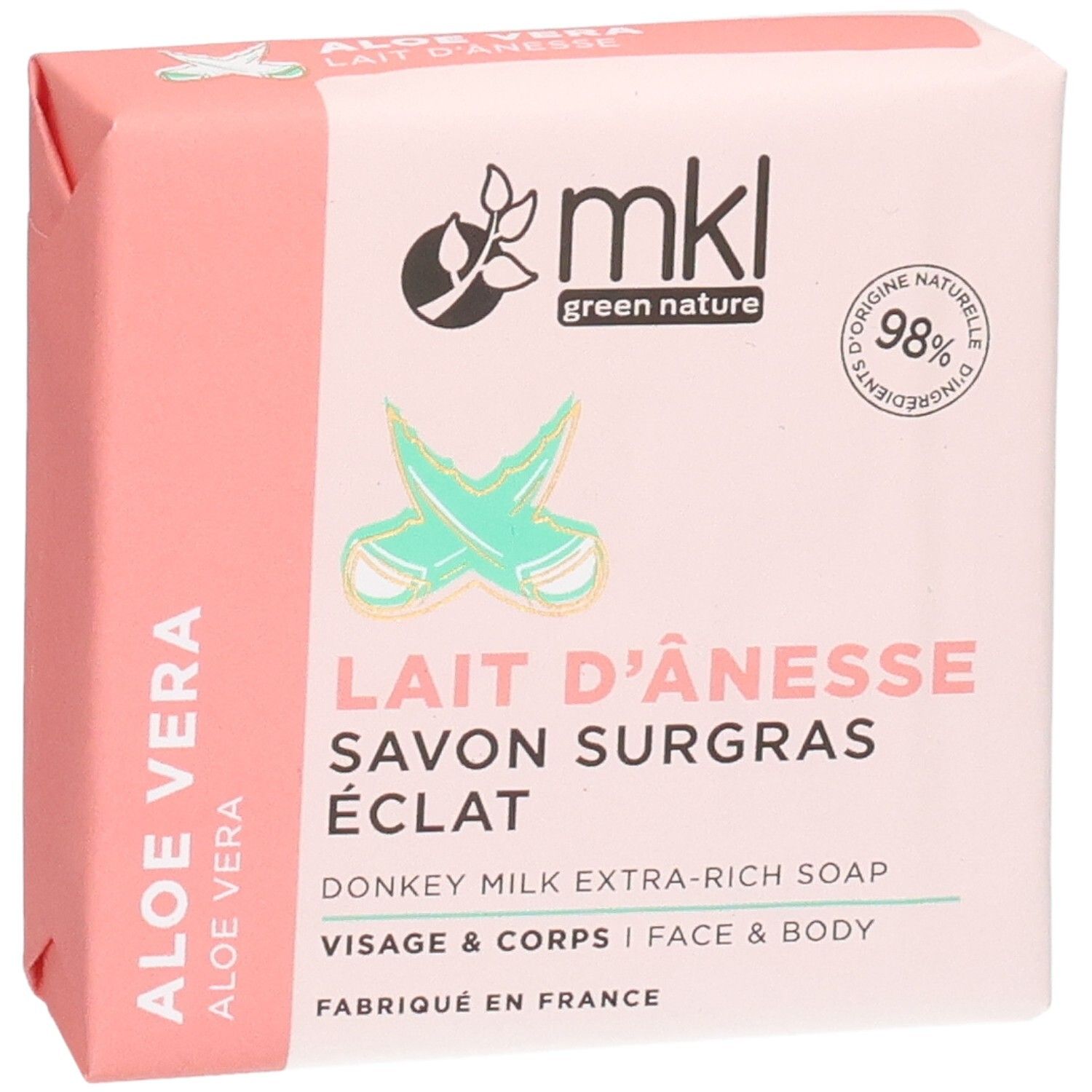 Verpakking voor MKL ezelinnenmelk extra-rijke zeep met aloë vera, 98% natuurlijke ingrediënten.